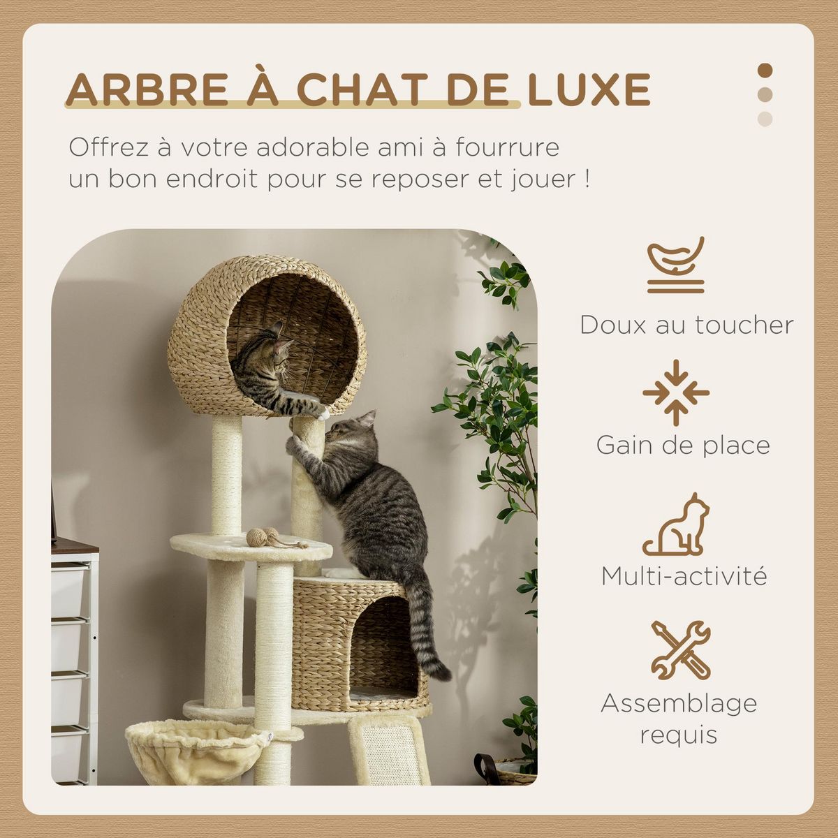 PAWHUT Arbre à chat style cosy chic griffoirs grattoir sisal 2 grandes niches plateforme hamac peluche courte beige jacinthe d'eau