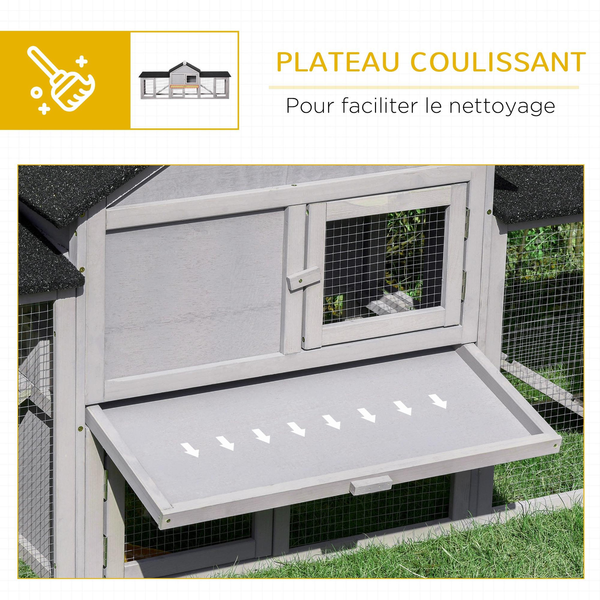 Voir la diapositive 6 : PAWHUT Clapier cage à lapins rongeurs xxl 2 étages toit bitumé intégral tiroir déjection 2,10l x 0,46l x 0,85h m bois pin pré-huilé gris