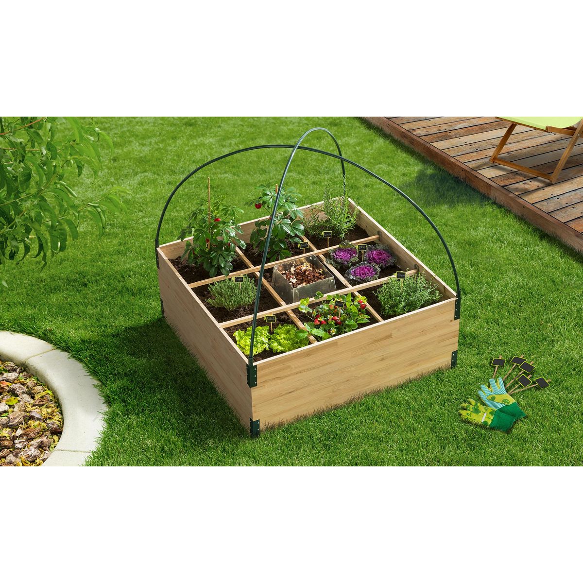 Jardikt Carré potager avec serre et composteur intégré - 9 compartiments - AROMA