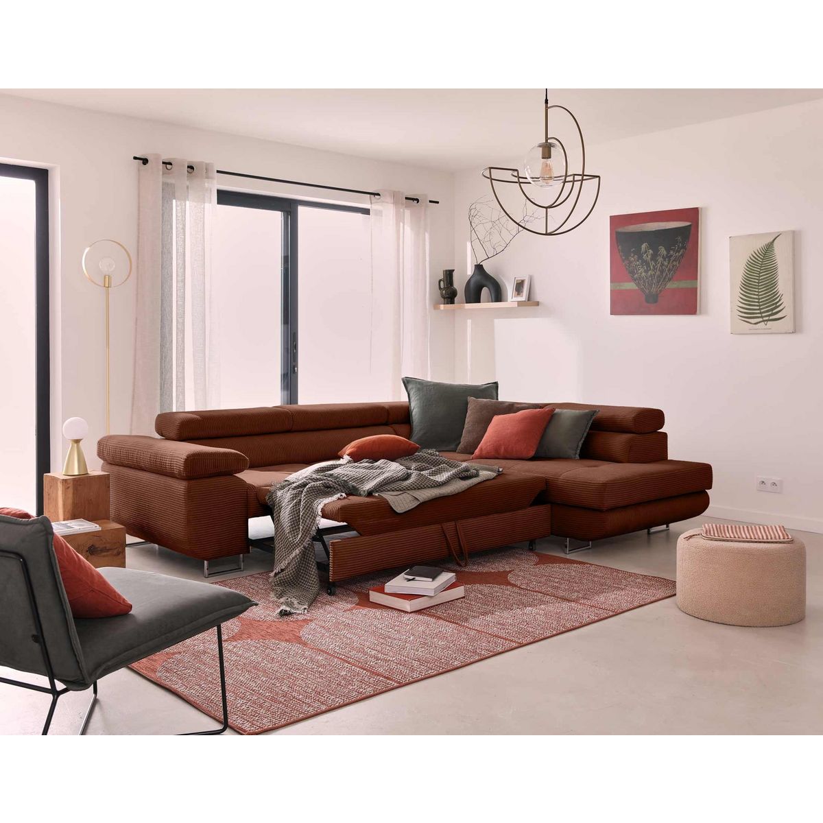 BEST MOBILIER Zaria - canapé d'angle droit - convertible avec coffre et têtières réglables - 5 places - en velours côtelé