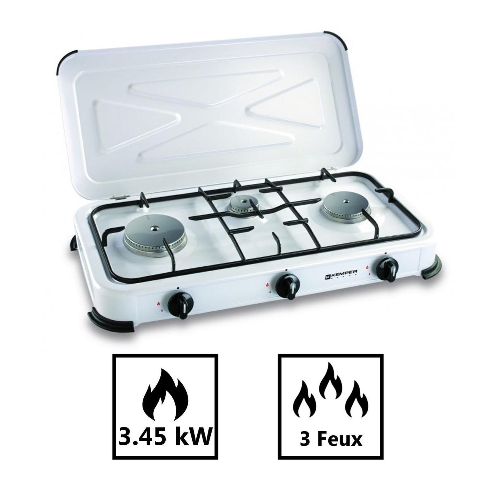 Voir la diapositive 5 : Kemper Réchaud gaz portable 3 feux 3450W Blanc laqué Couvercle Plaque de cuisson + Tuyau gaz KEMPER