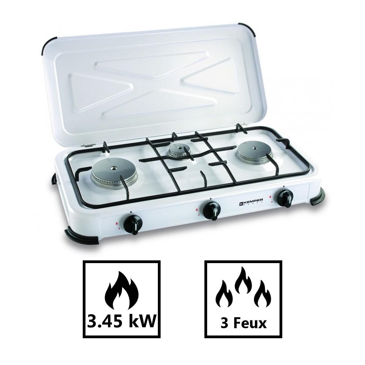 Kemper Réchaud gaz portable 3 feux 3450W Blanc laqué Couvercle Plaque de cuisson + Tuyau gaz KEMPER