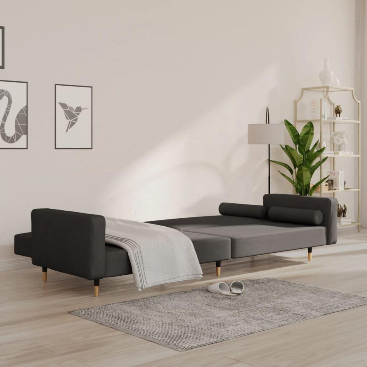 VIDAXL Canape-lit a 2 places avec deux oreillers Gris fonce Velours
