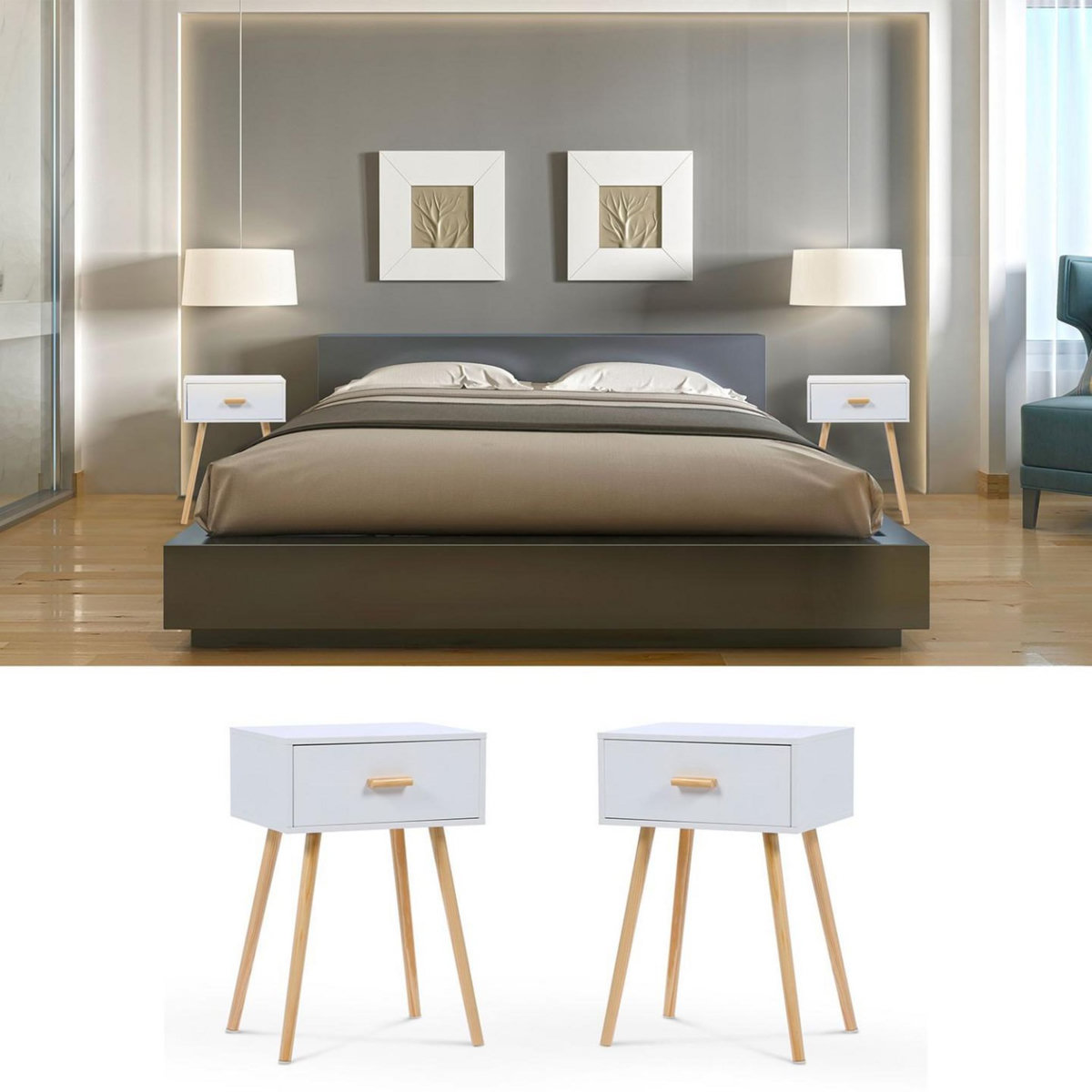 ID MARKET Lot de 2 tables de chevet EIYA scandinaves 1 tiroir bois blanc