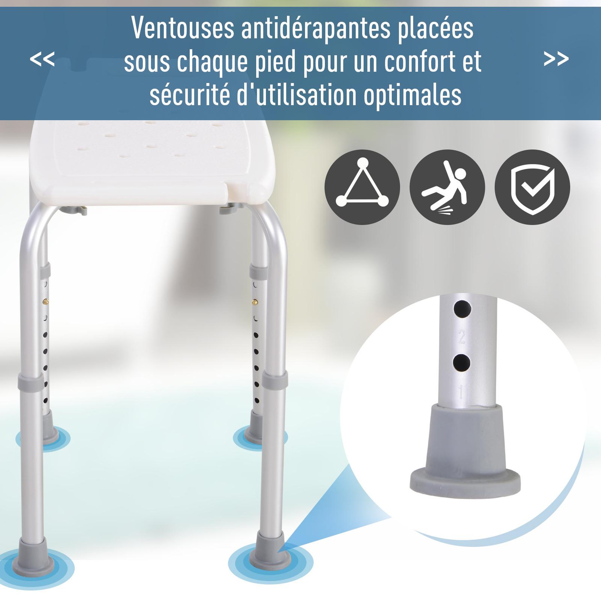 Voir la diapositive 6 : HOMCOM Siège de douche réglable en hauteur tabouret de douche ergonomique pieds antidérapants charge max. 136 kg alu hdpe blanc