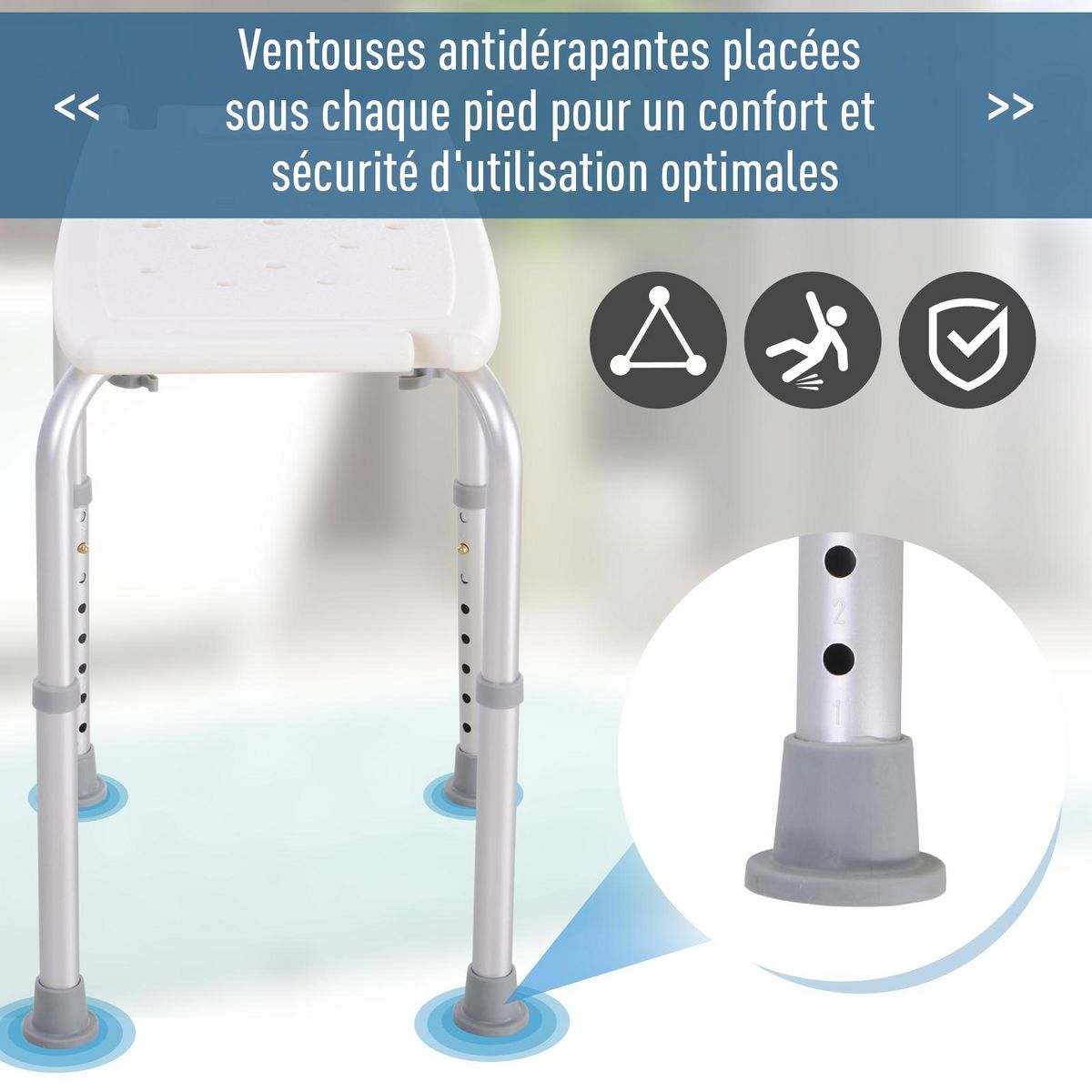HOMCOM Siège de douche réglable en hauteur tabouret de douche ergonomique pieds antidérapants charge max. 136 Kg alu HDPE blanc