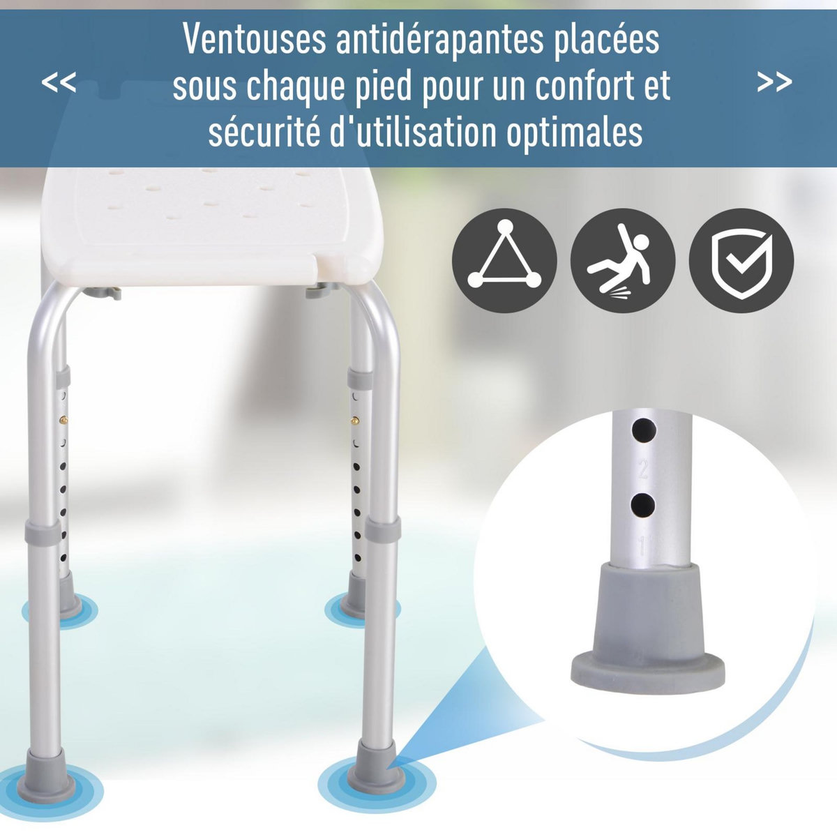 HOMCOM Siège de douche réglable en hauteur tabouret de douche ergonomique pieds antidérapants charge max. 136 Kg alu HDPE blanc