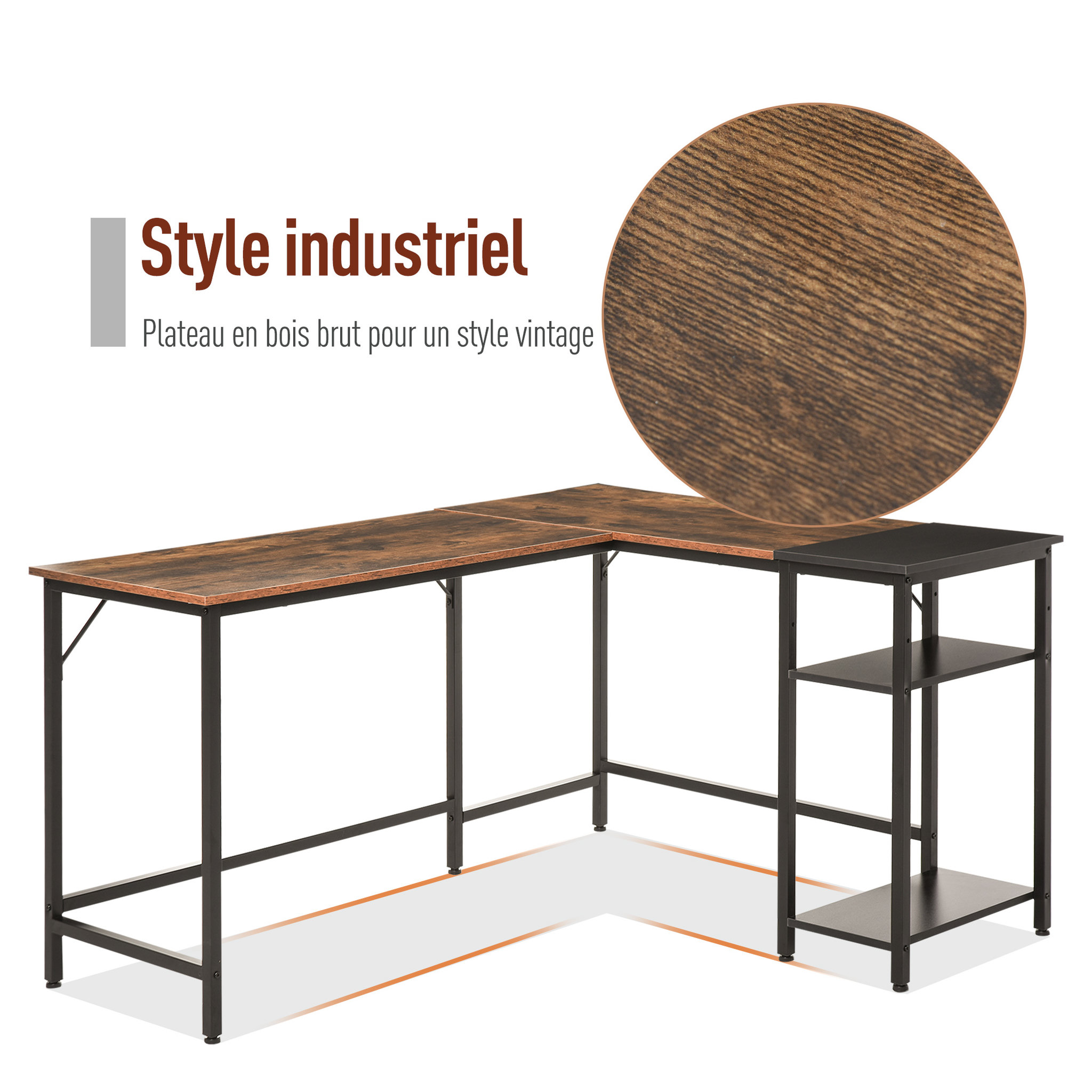 Voir la diapositive 5 : HOMCOM Bureau informatique design industriel bureau d'angle 2 tablettes support CPU imprimante aspect vieux bois métal noir