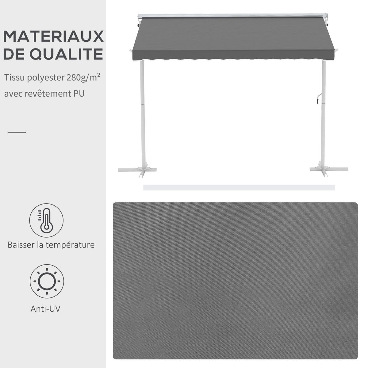 OUTSUNNY Store double pente manuel rétractable inclinaison réglable acier époxy blanc polyester imperméabilisé anti-UV gris dim. 3L x 2,95l x 2,6H m
