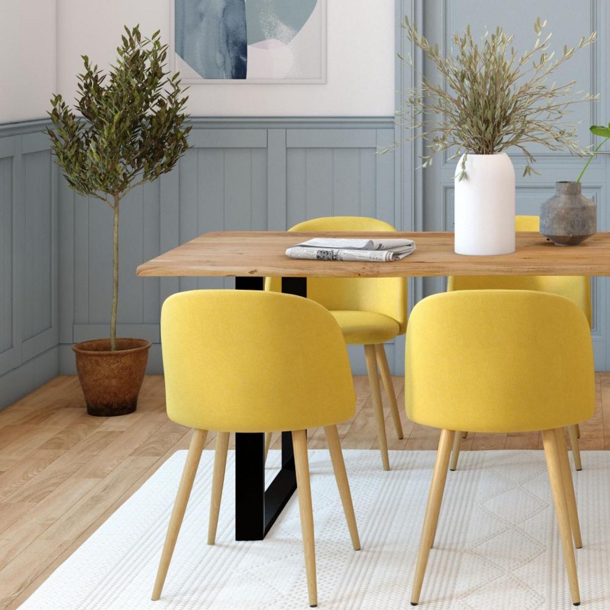 Rendez vous déco Lot de 2 chaises en tissu bleu et pieds en métal effet bois - Cozy