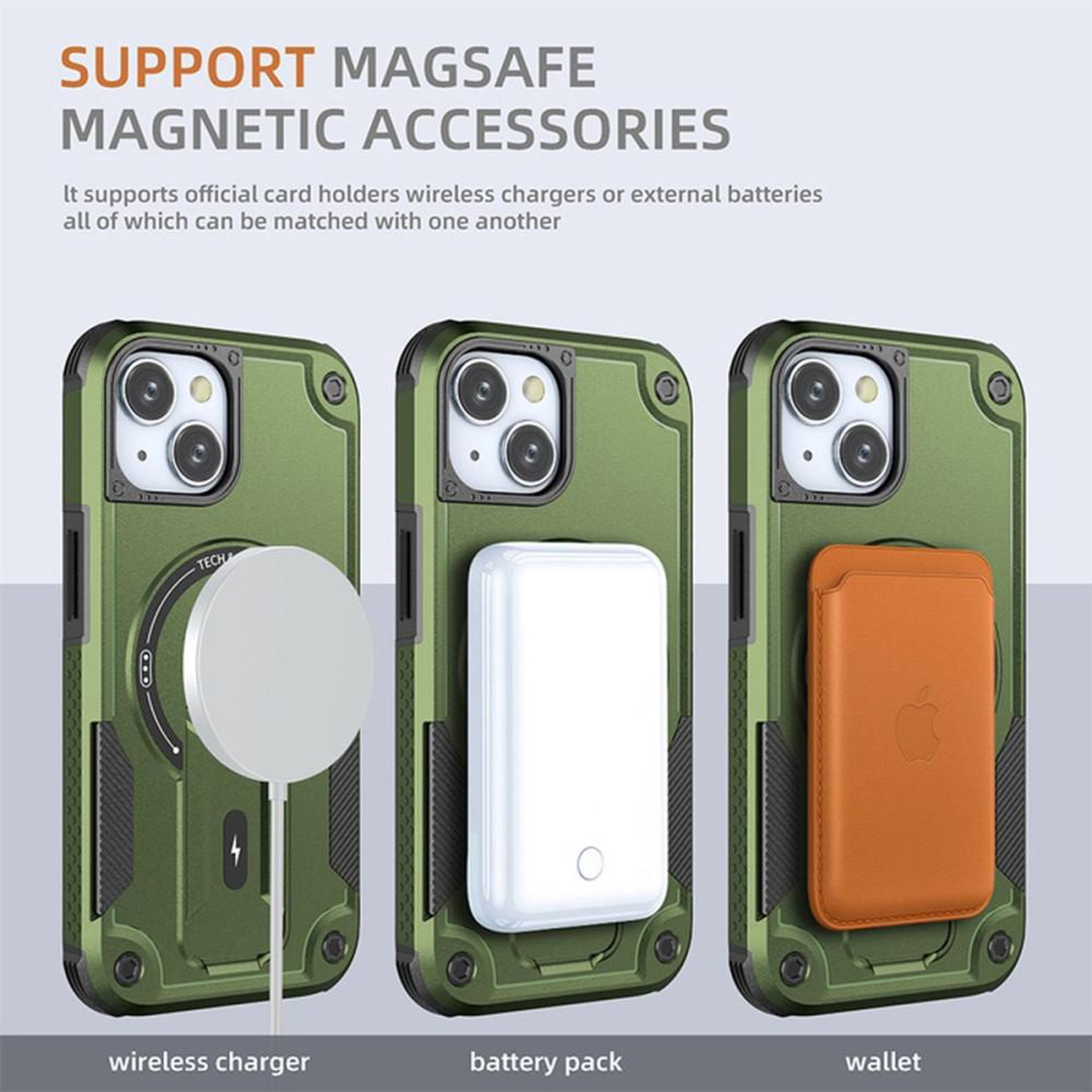 Voir la diapositive 6 : Coque antichoc 360° avec support kickstand MagSafe pour iPhone 15, verte