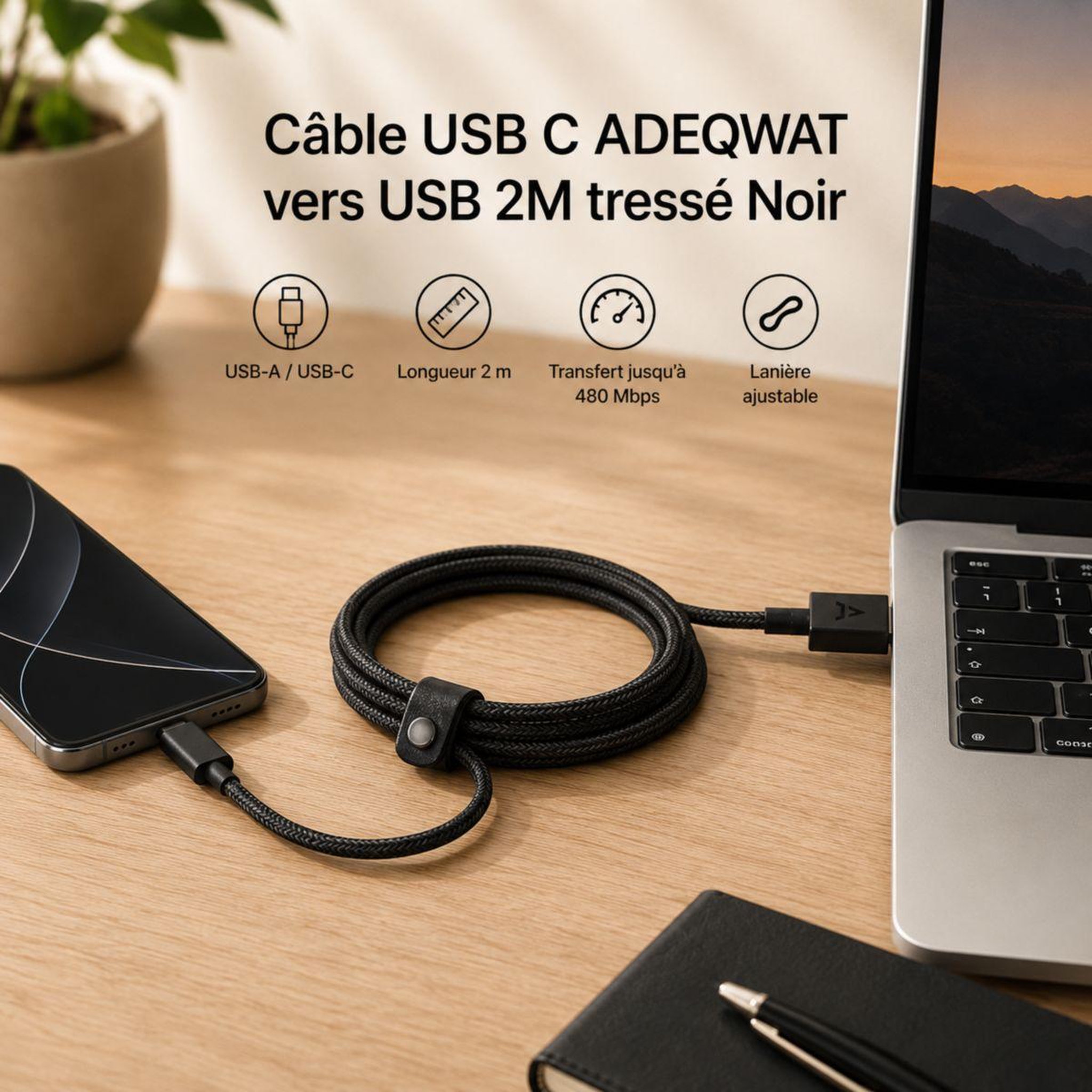 ADEQWAT Câble usb c vers usb 2m tressé noir compatible iphone 17 16 15 pro max et samsung galaxy s25 s24 ultra