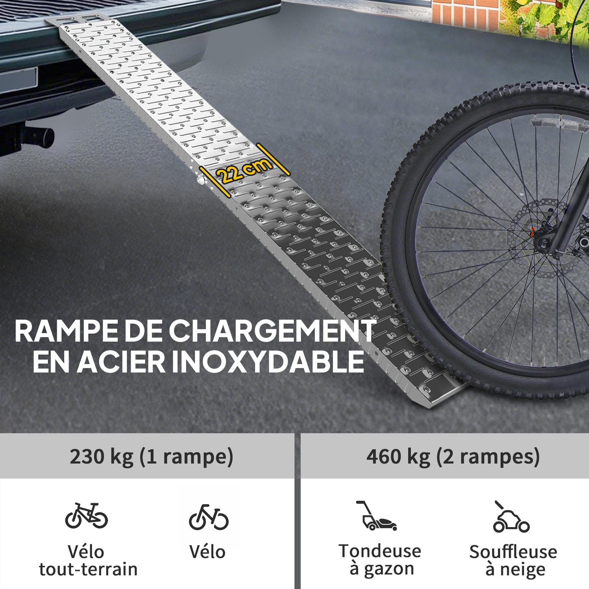 Voir la diapositive 6 : HOMCOM Rampe de chargement pliable acier inoxydable max. 230 kg sangles de sécurité dim. 190 x 22 x 8 cm