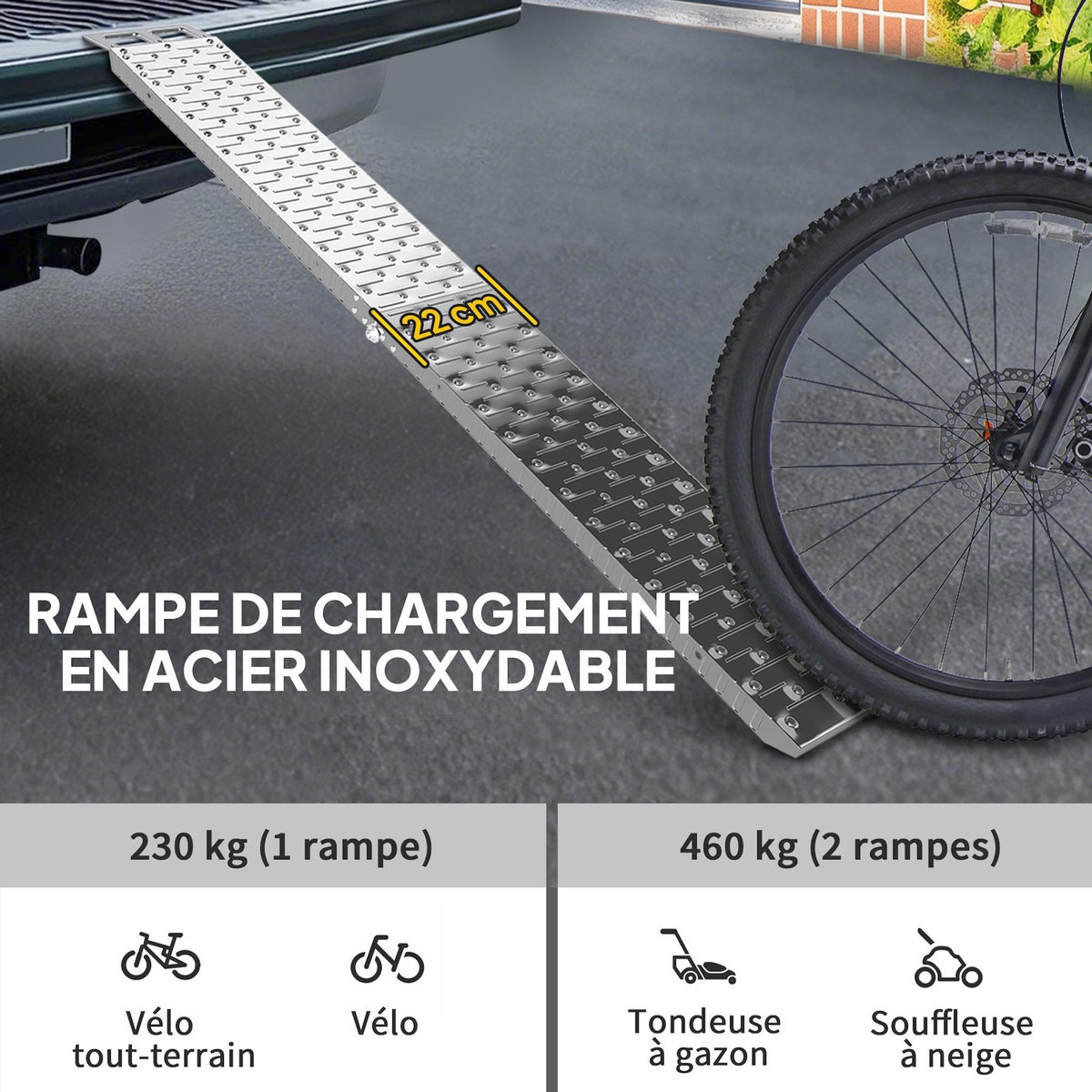 HOMCOM Rampe de chargement pliable acier inoxydable max. 230 Kg sangles de sécurité dim. 190 x 22 x 8 cm