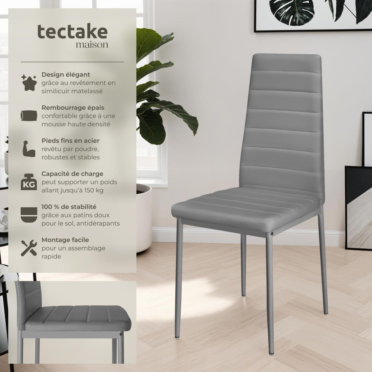 tectake Ensemble de chaises de salle à manger rembourrées avec revêtement aspect cuir gris Lot de 8