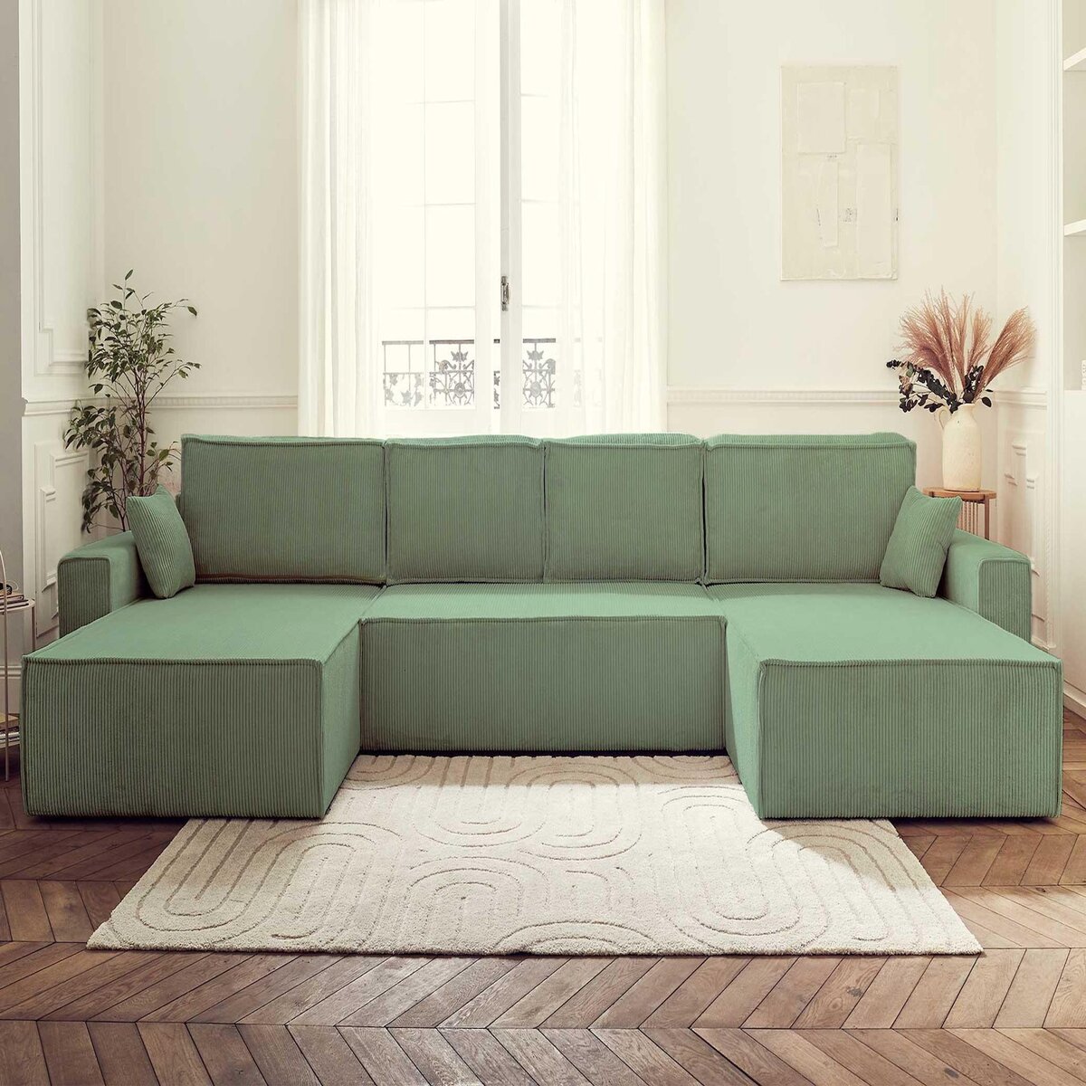 BEST MOBILIER Dellia - canapé panoramique en u - 7 places - convertible - avec coffre - en velours côtelé