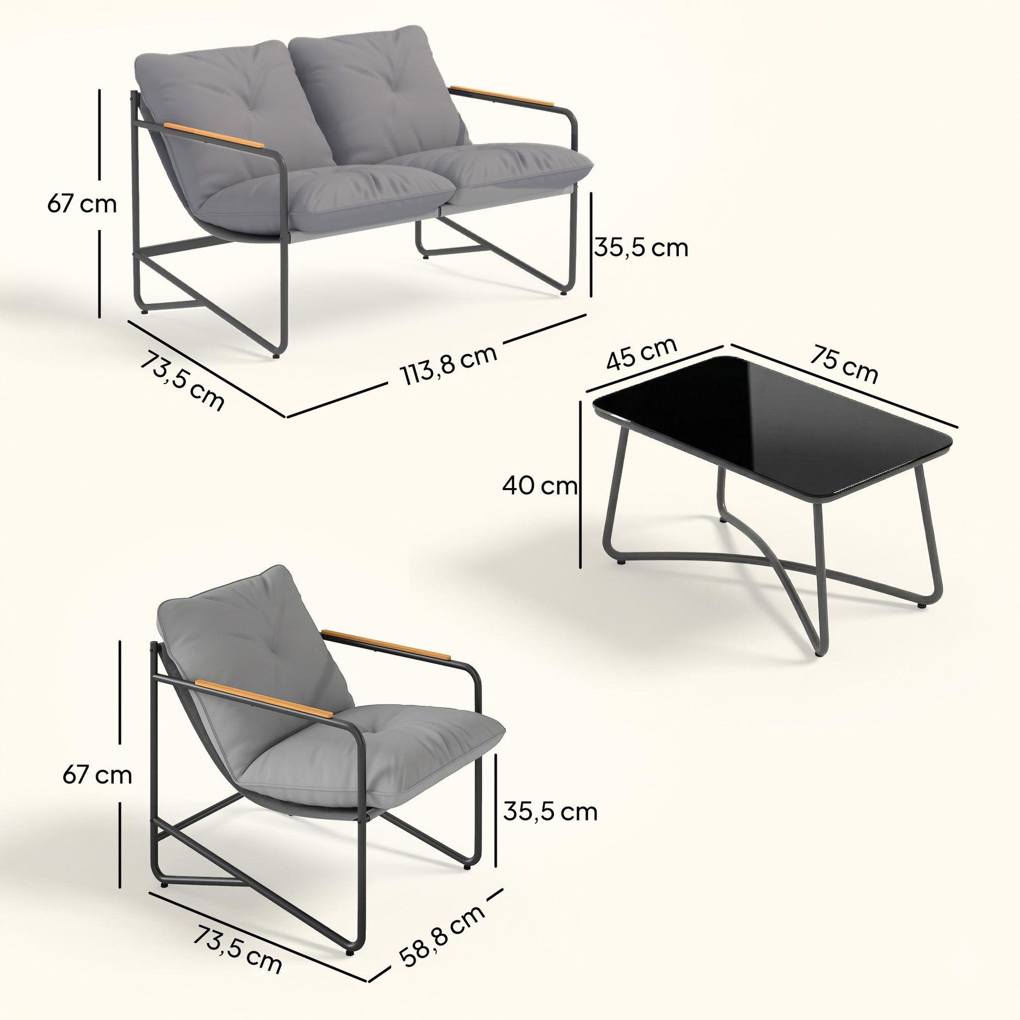Voir la diapositive 3 : OUTSUNNY Salon de jardin 4 places 4 pièces avec coussins métal gris effet bois