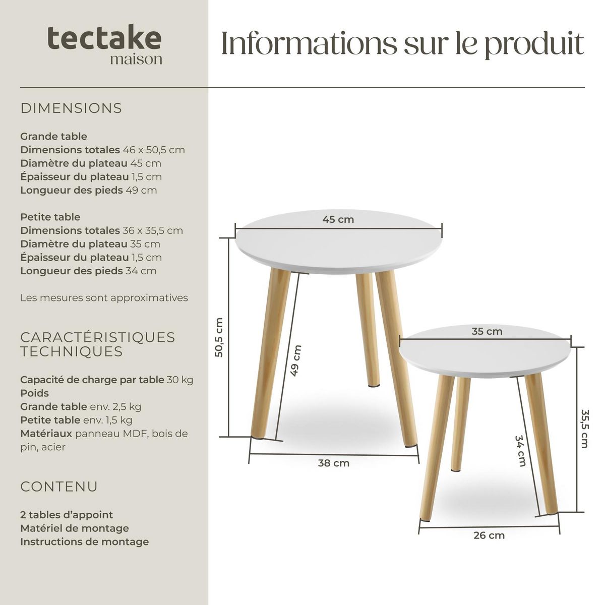 tectake Lot de 2 tables d'appoint style scandinave marron/blanc