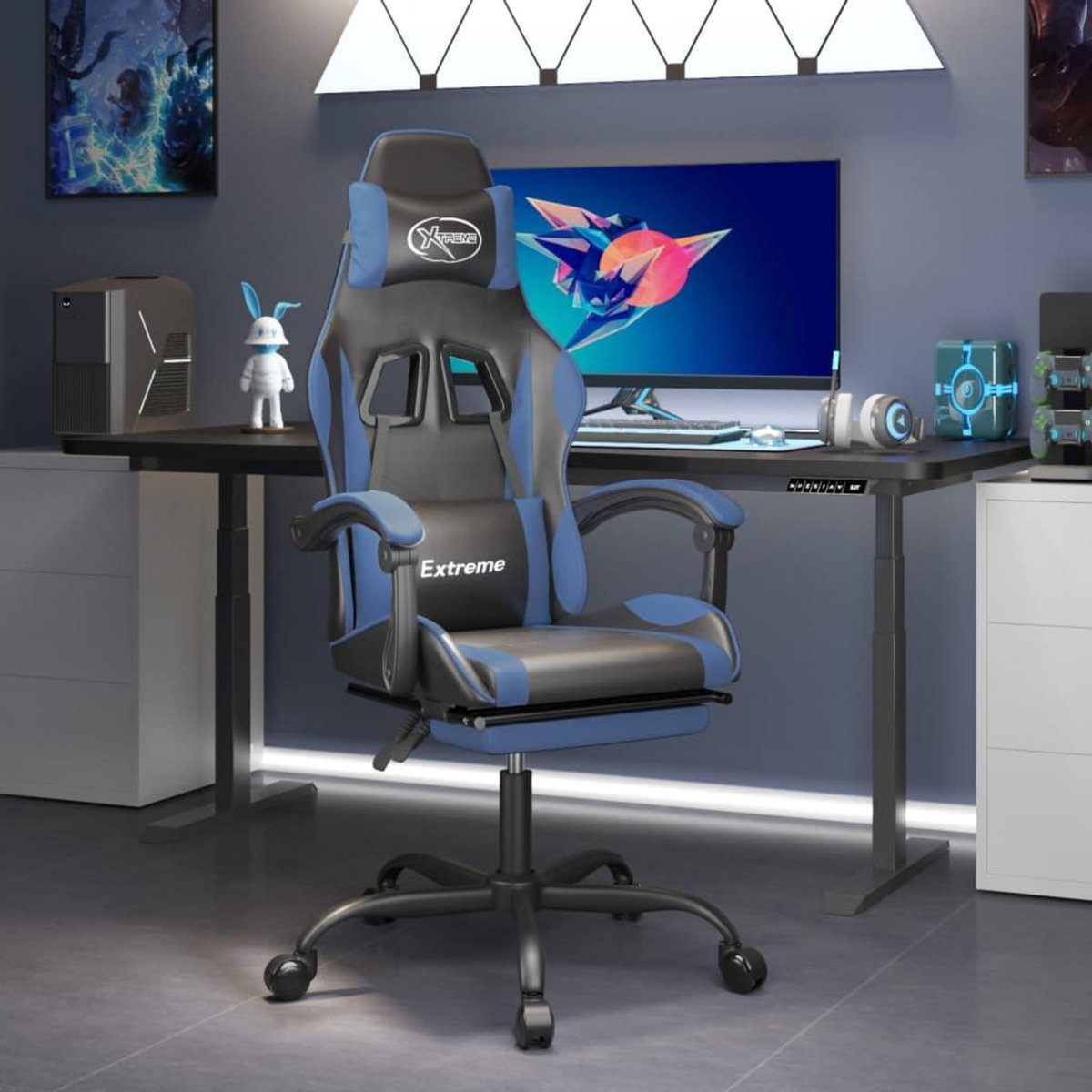 VIDAXL Chaise de jeu pivotante et repose-pied Noir et bleu Similicuir