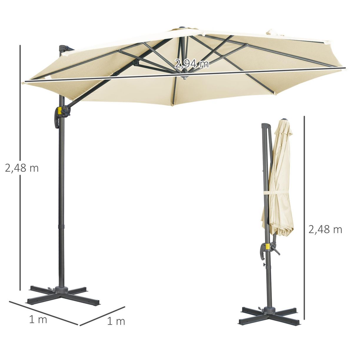 OUTSUNNY Parasol déporté octogonal inclinable manivelle avec pied en acier Ø 2,94 x 2,48H m beige clair