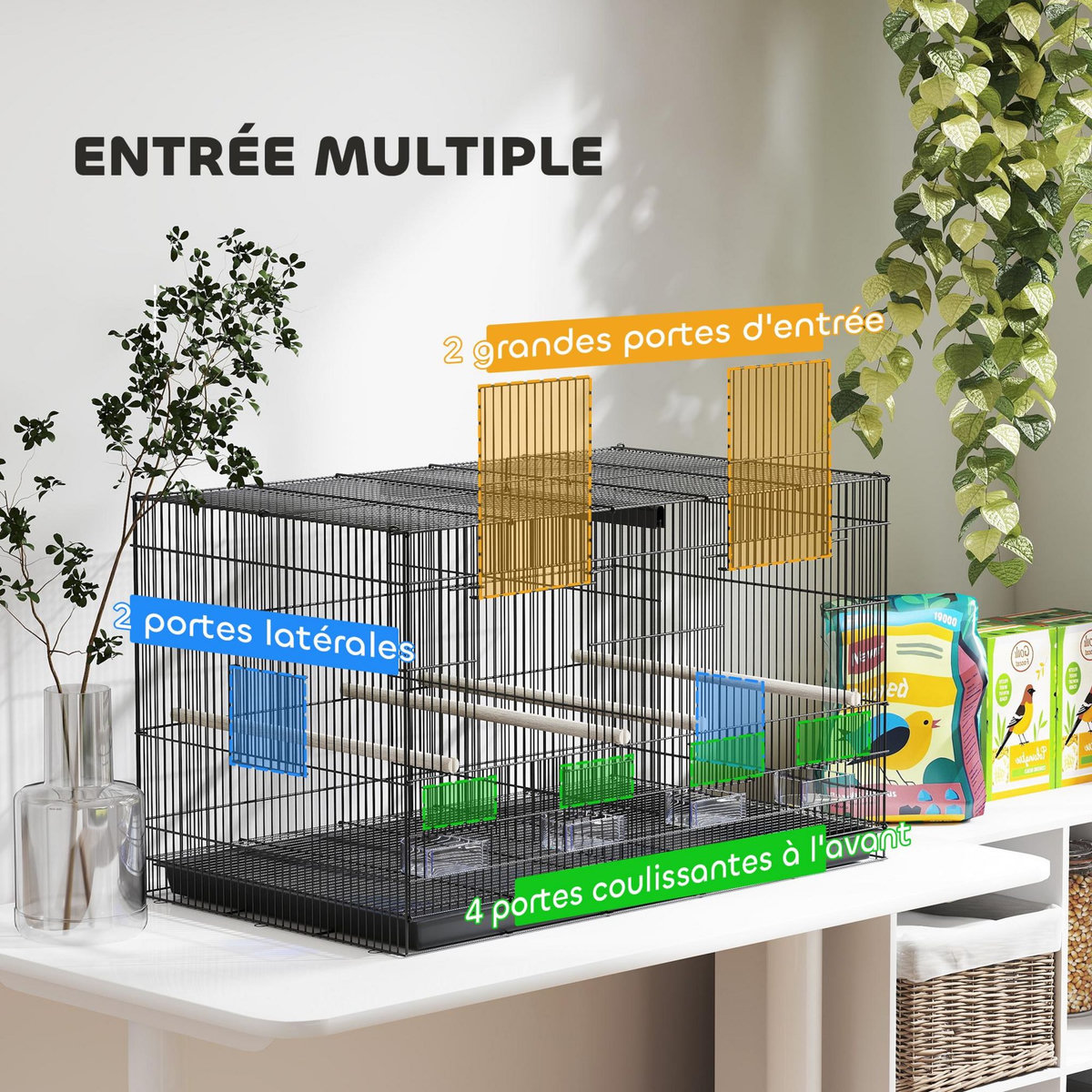 PAWHUT Cage à oiseaux volière acier avec séparateur - 4 perchoirs, mangeoires, portes, trappes, plateau déjection - noir