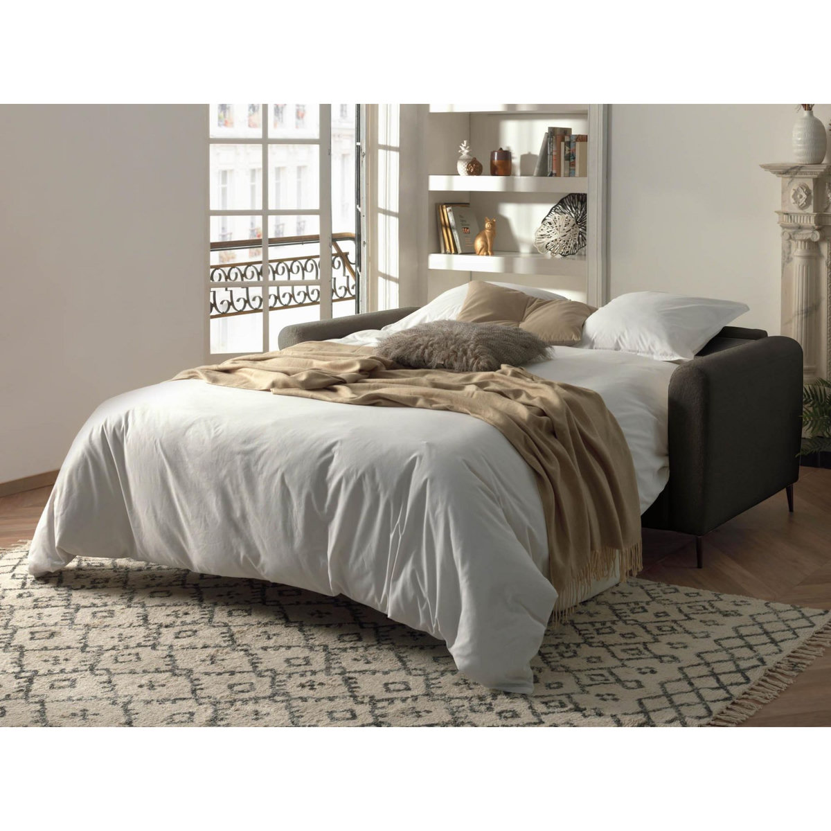 LISA DESIGN Owen - canapé 3 places convertible express couchage quotidien 140 cm matelas 12 cm en tissu bouclette