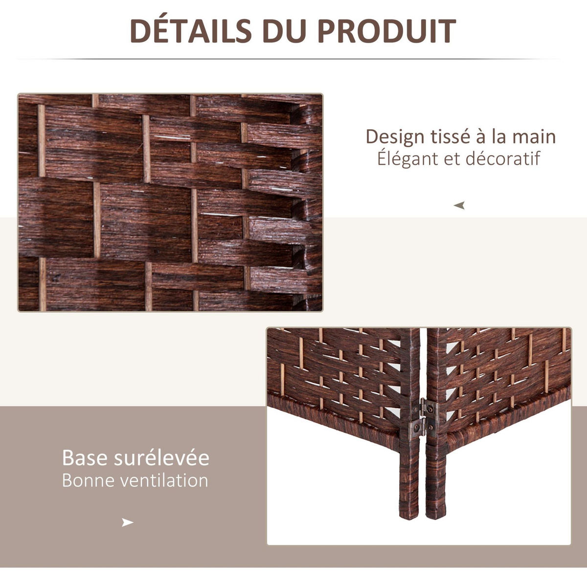 HOMCOM Paravent séparateur de pièce pliable 4 panneaux dim. 180L x 180H cm bois osier tressé