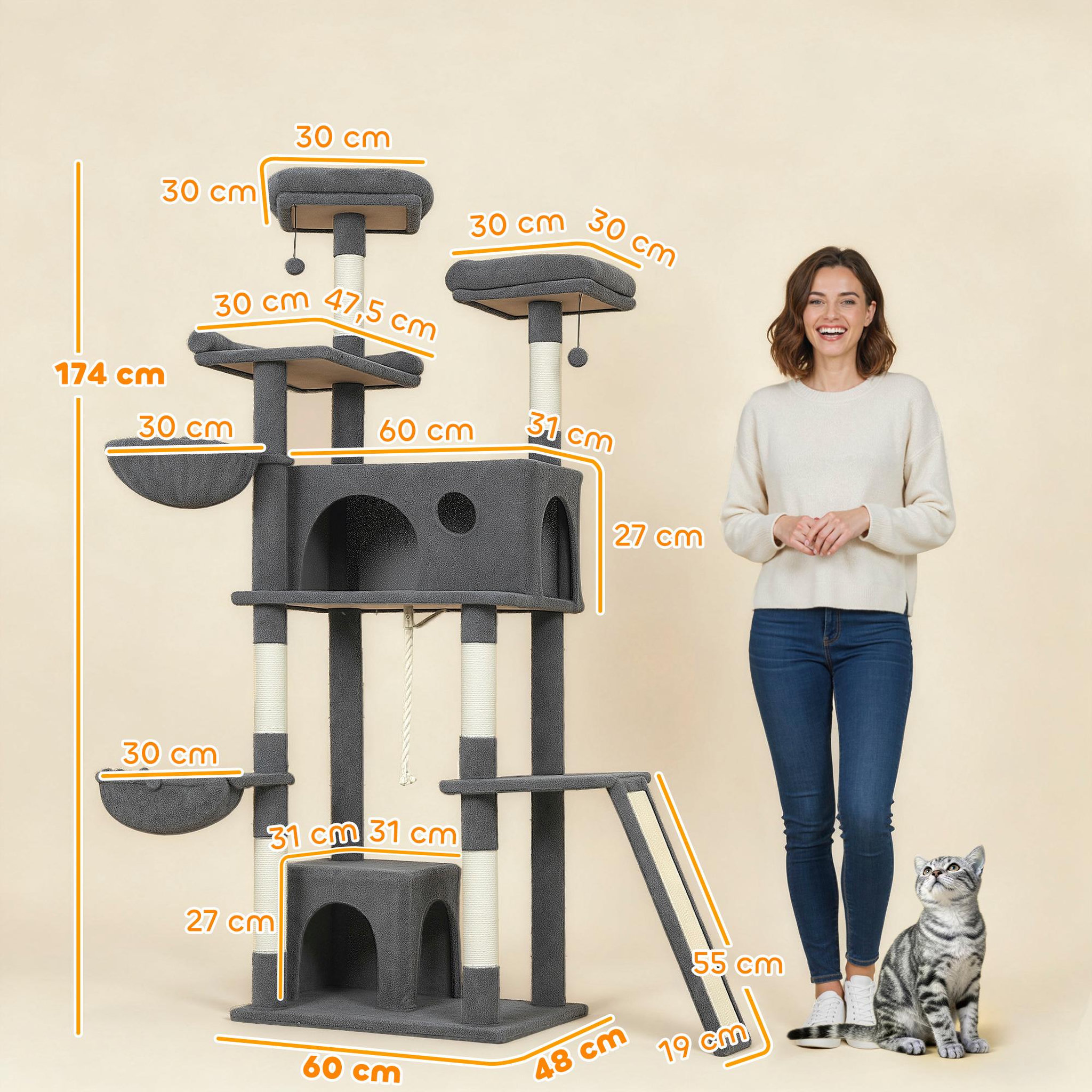 Voir la diapositive 3 : PAWHUT Arbre à chat grande taille h.174cm plateformes hamacs jouets griffoirs grattoirs peluche gris