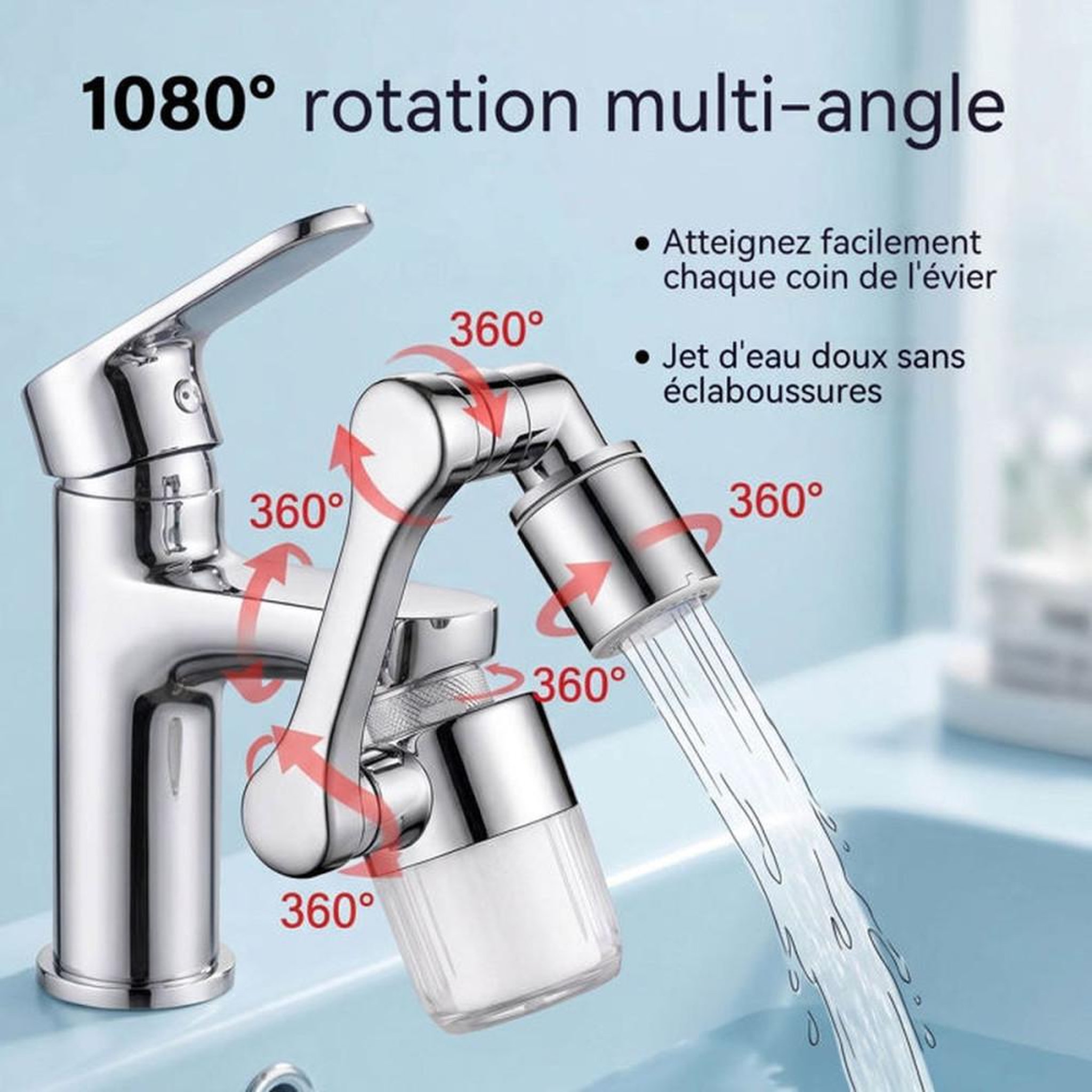 Voir la diapositive 3 : Prolongateur de bec de robinet de salle de bain avec filtre visible pivotant, métal chromé, rotation triaxiale jusqu'à 1440°, 2 modes de jet