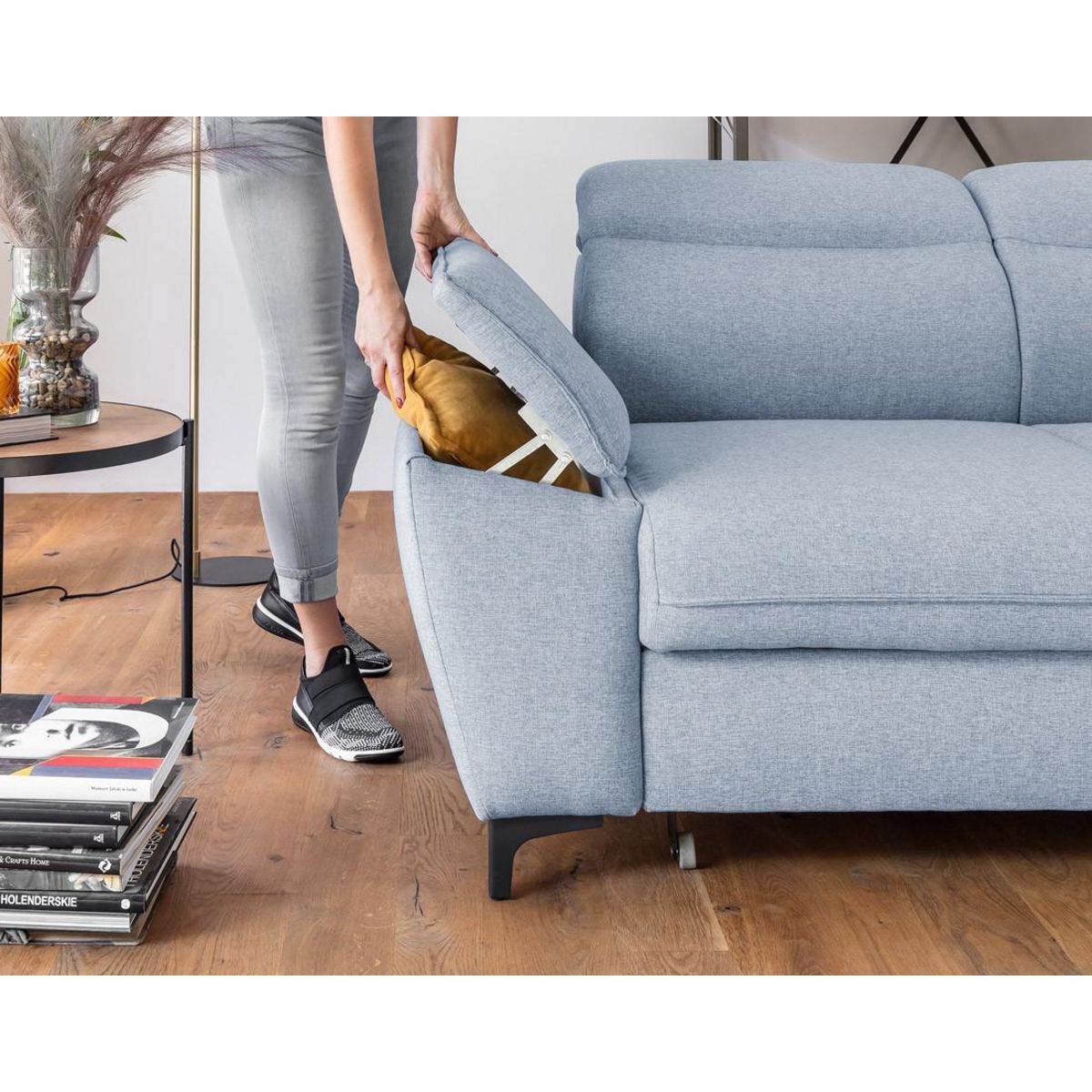 BEST MOBILIER Clever - canapé d'angle droit - 5 places - convertible avec coffre et têtières - en tissu