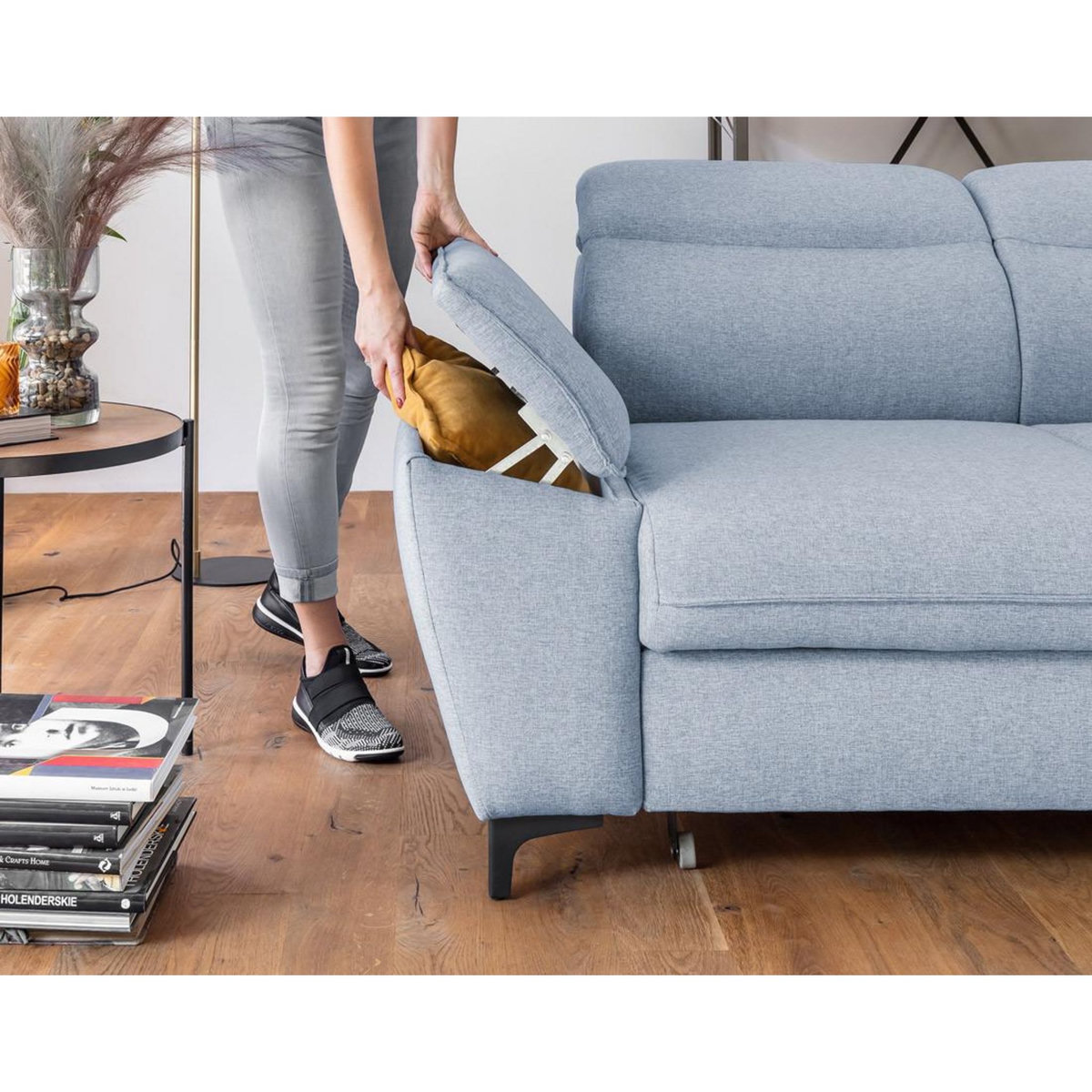 BEST MOBILIER Clever - canapé d'angle droit - 5 places - convertible avec coffre et têtières - en tissu