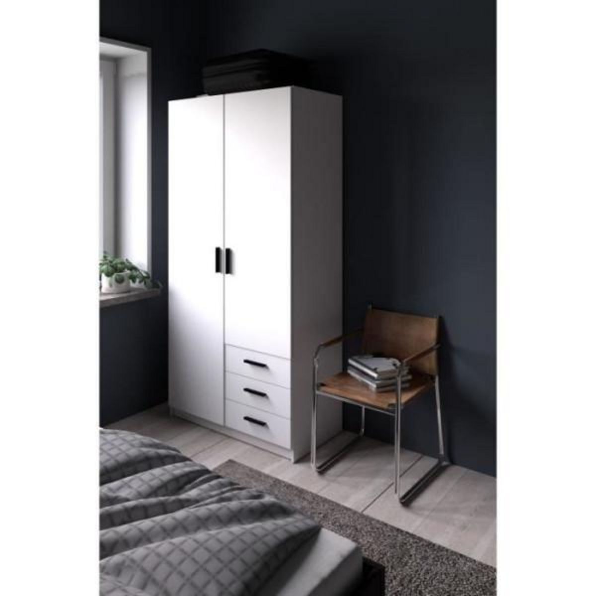 TVILUM Armoire VEGA - Décor Blanc mat - 2 portes + 3 tiroirs - L 98,5 x P 49,6 x H 200,4 cm