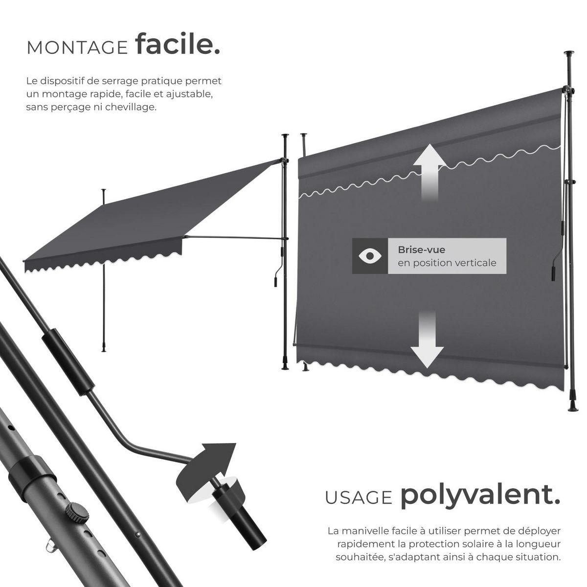 tectake Store à pince sans perçage avec manivelle noir/gris 350 x 180 cm