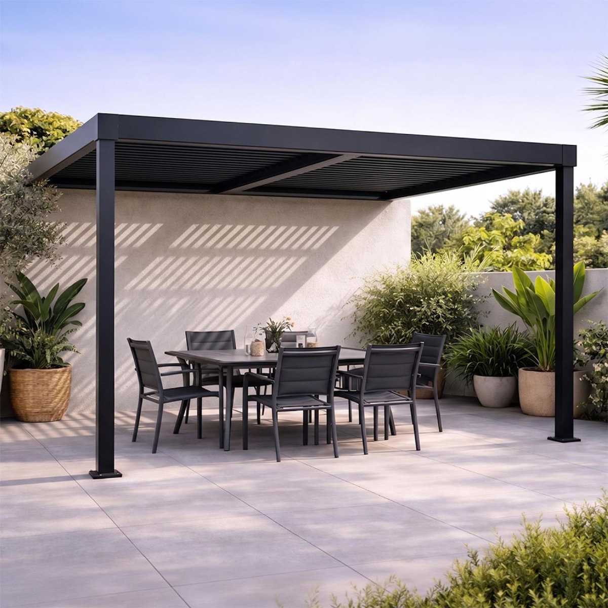 CONCEPT USINE Pergola bioclimatique adossée en aluminium noir 3x3m SIFNOS