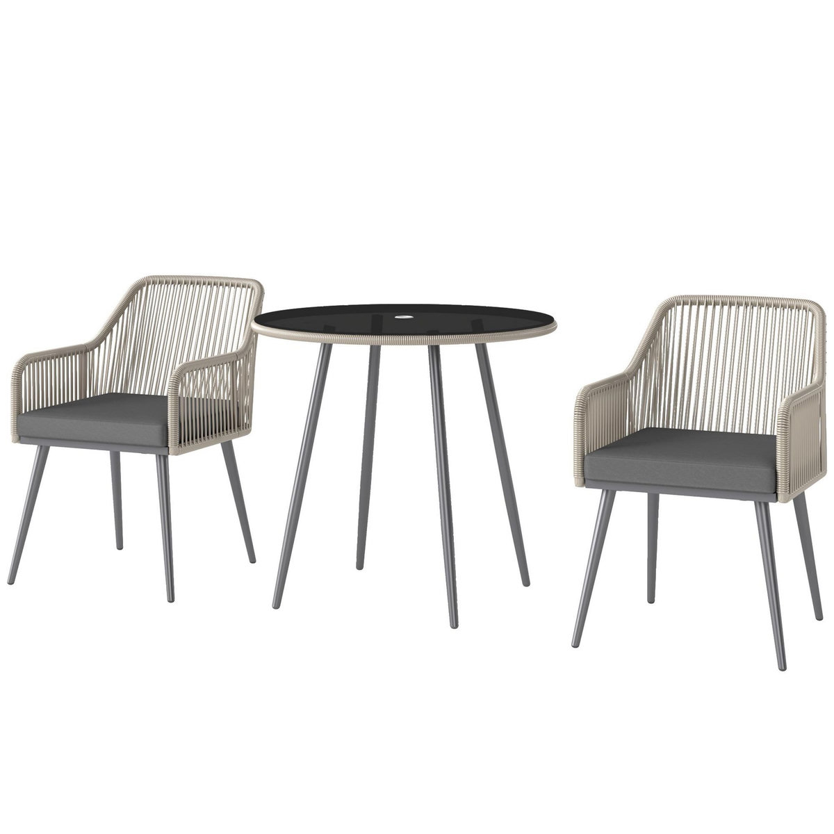 OUTSUNNY Salon de jardin 3 pièces 2 places avec coussins plateau table verre trempé noir résine filaire gris