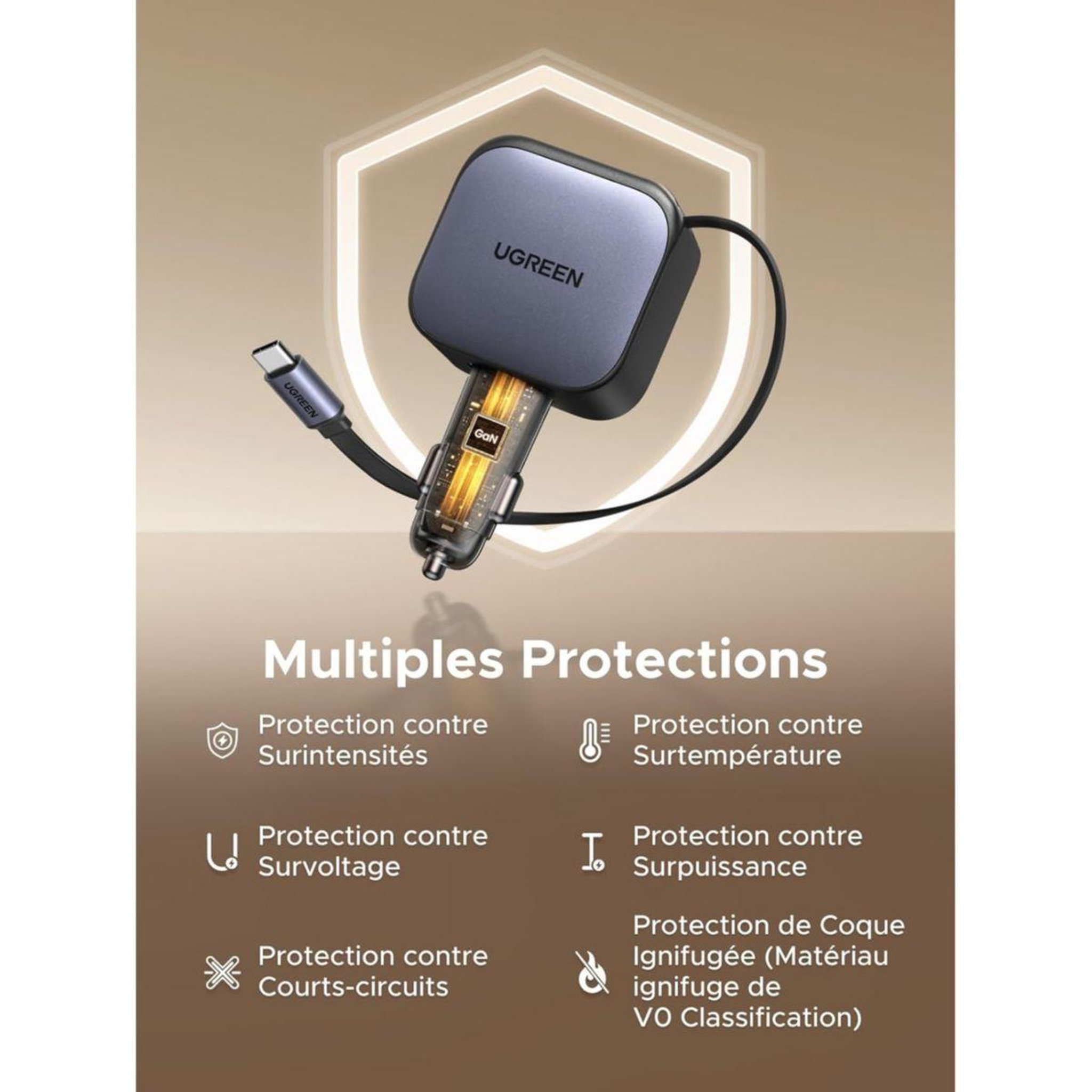 Voir la diapositive 5 : UGREEN Chargeur allume cigare Retractable USBC/USBA Noir 60W