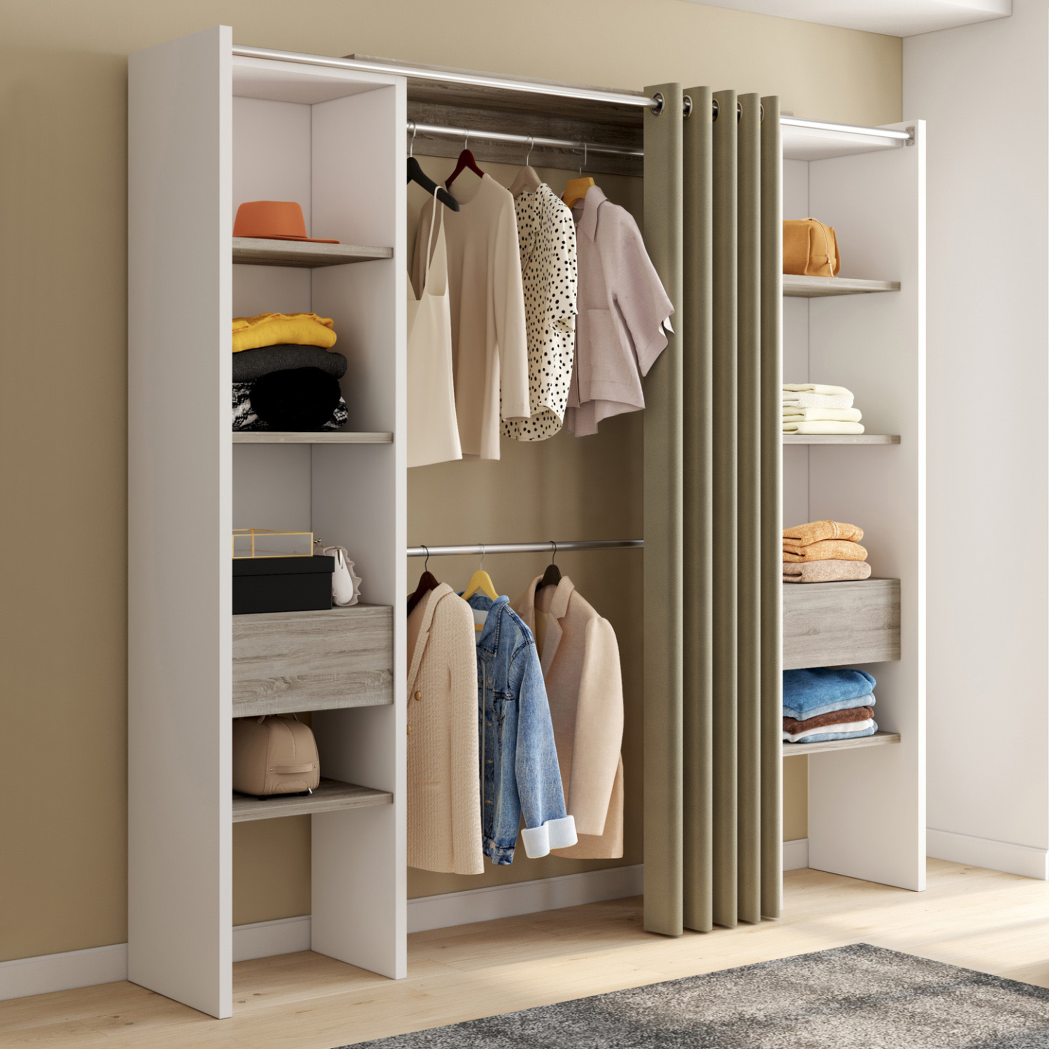 Voir la diapositive 2 : ID MARKET Dressing extensible double meryl 120/180 x 50 x 180 cm blanc avec étagères hêtre + double penderie + rideau taupe