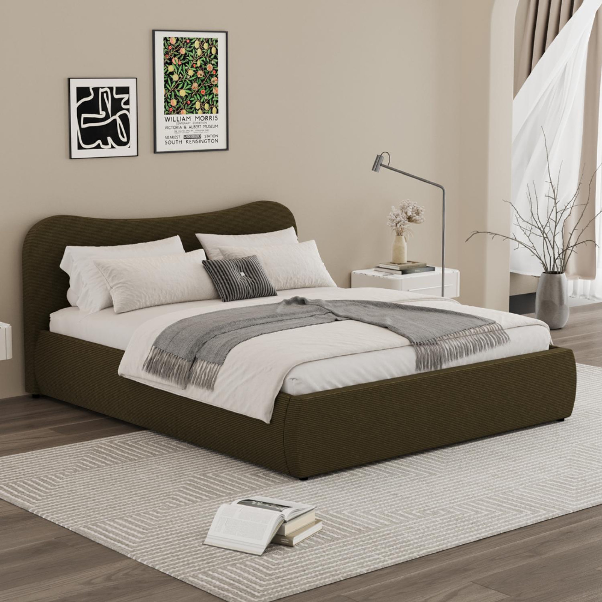 Voir la diapositive 4 : CONCEPT USINE Lit coffre 140x190cm design arrondi velours côtelé vert plano