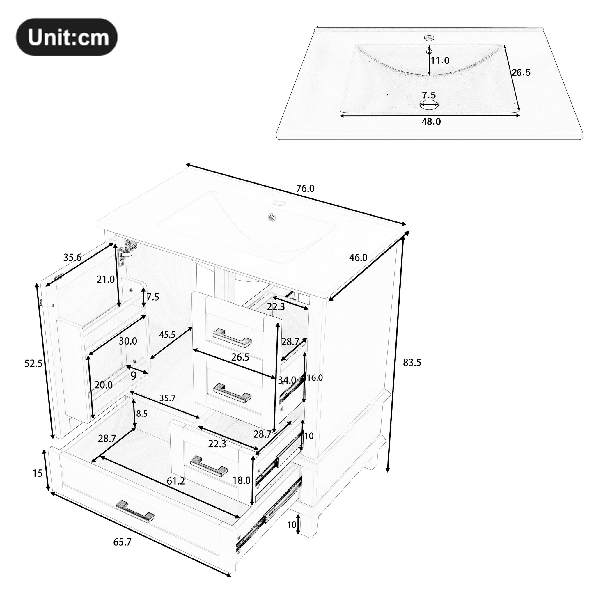 Voir la diapositive 4 : MERAX Meuble De Salle De Bain Vasque 1 Porte Et 3 Tiroirs Gris