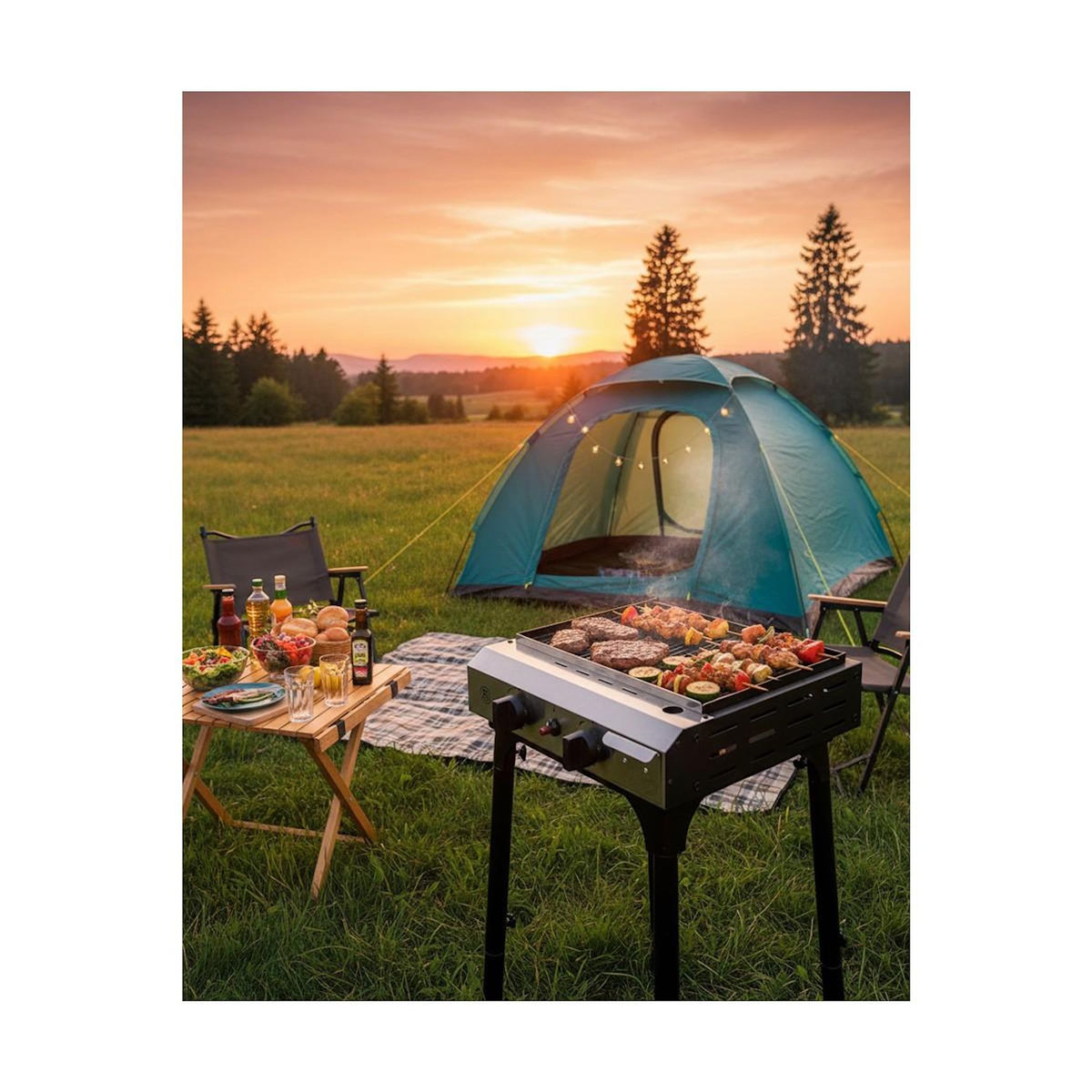 INTEC Plancha à gaz 4800W modulable 3 Hauteurs 2 Bruleurs Allumage Piezo - Plaque de cuisson Céramique 42x36cm INTEC