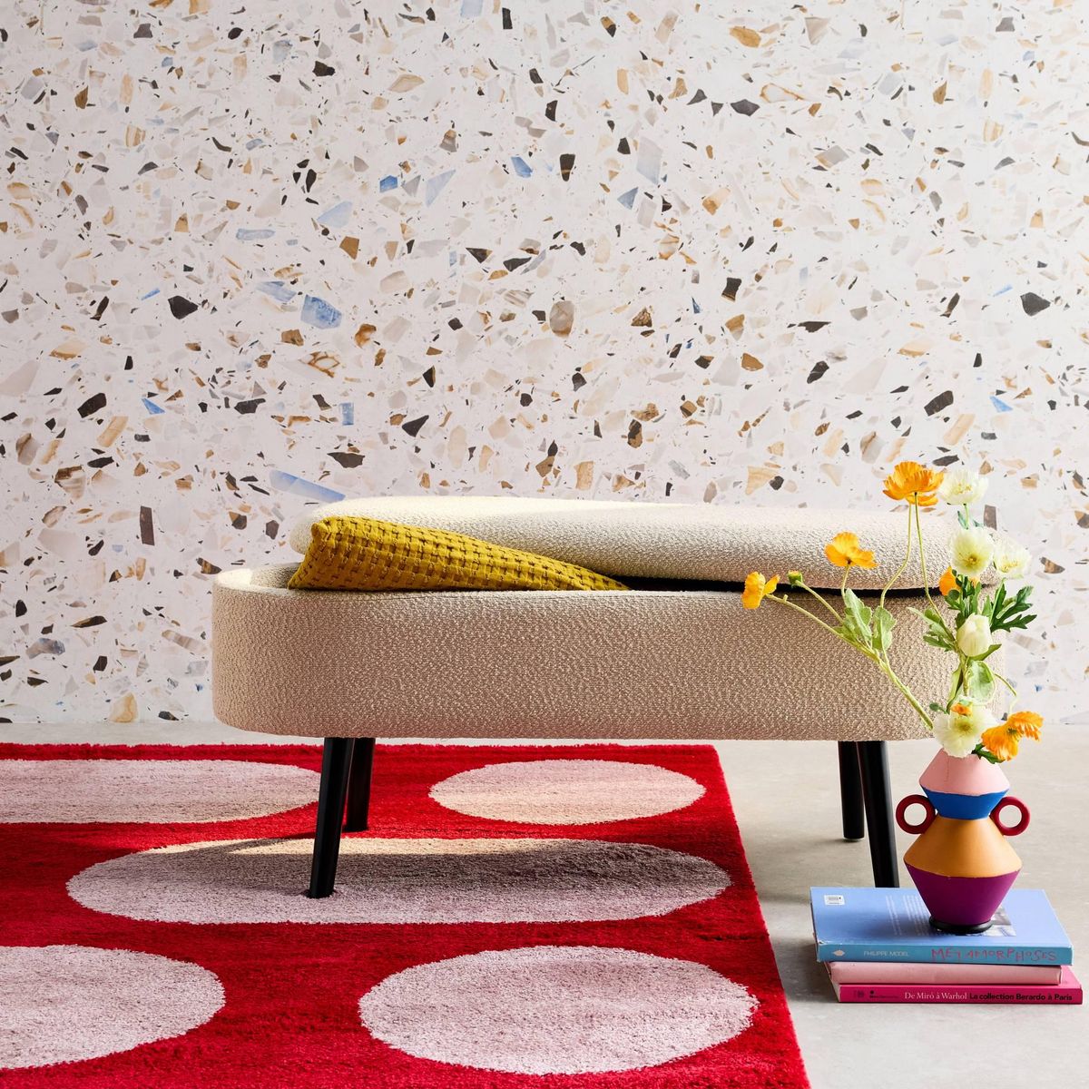 SWEEEK Banc coffre, bout de lit avec revêtement bouclette, pieds en bois noir