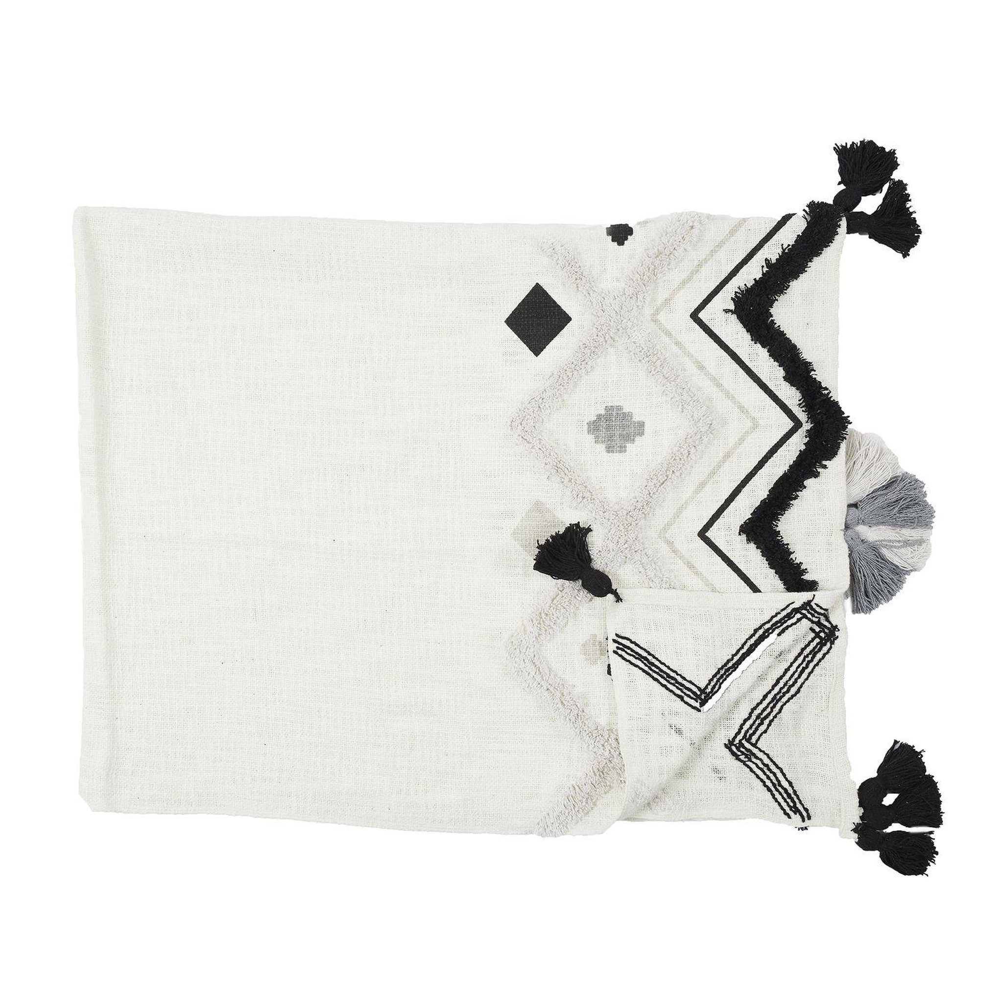 TOILINUX Jeté de canapé ethnique avec pompons - 130 x 170 cm - blanc et noir