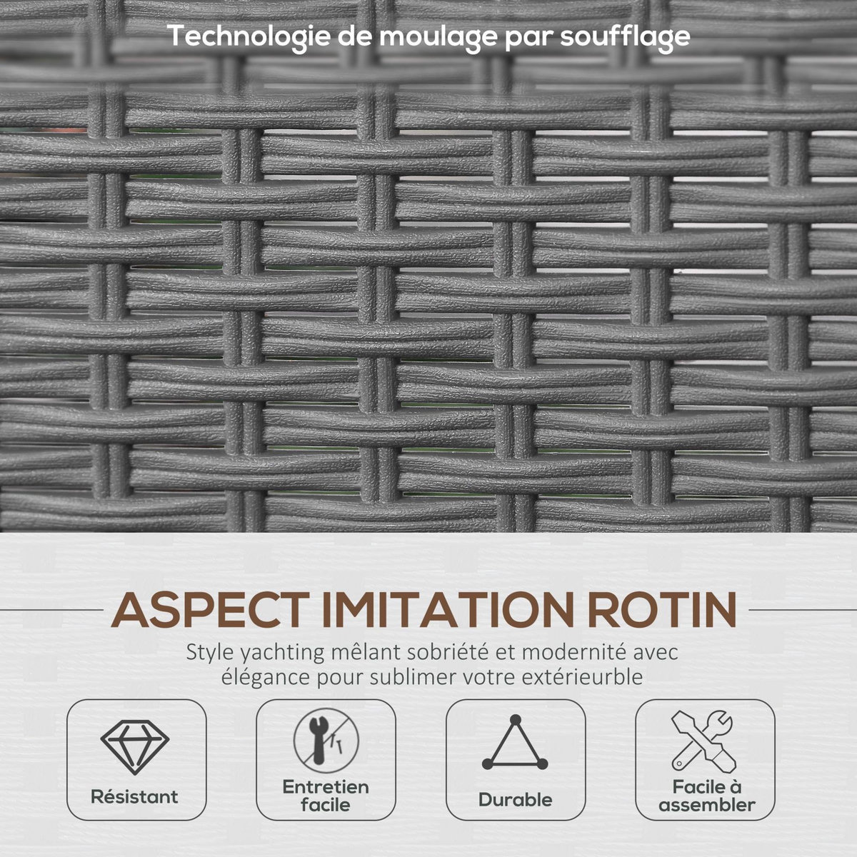 OUTSUNNY Ensemble salon de jardin 4 places 4 pièces design style yachting coussins déhoussables inclus table basse métal époxy résine tressée anthracite