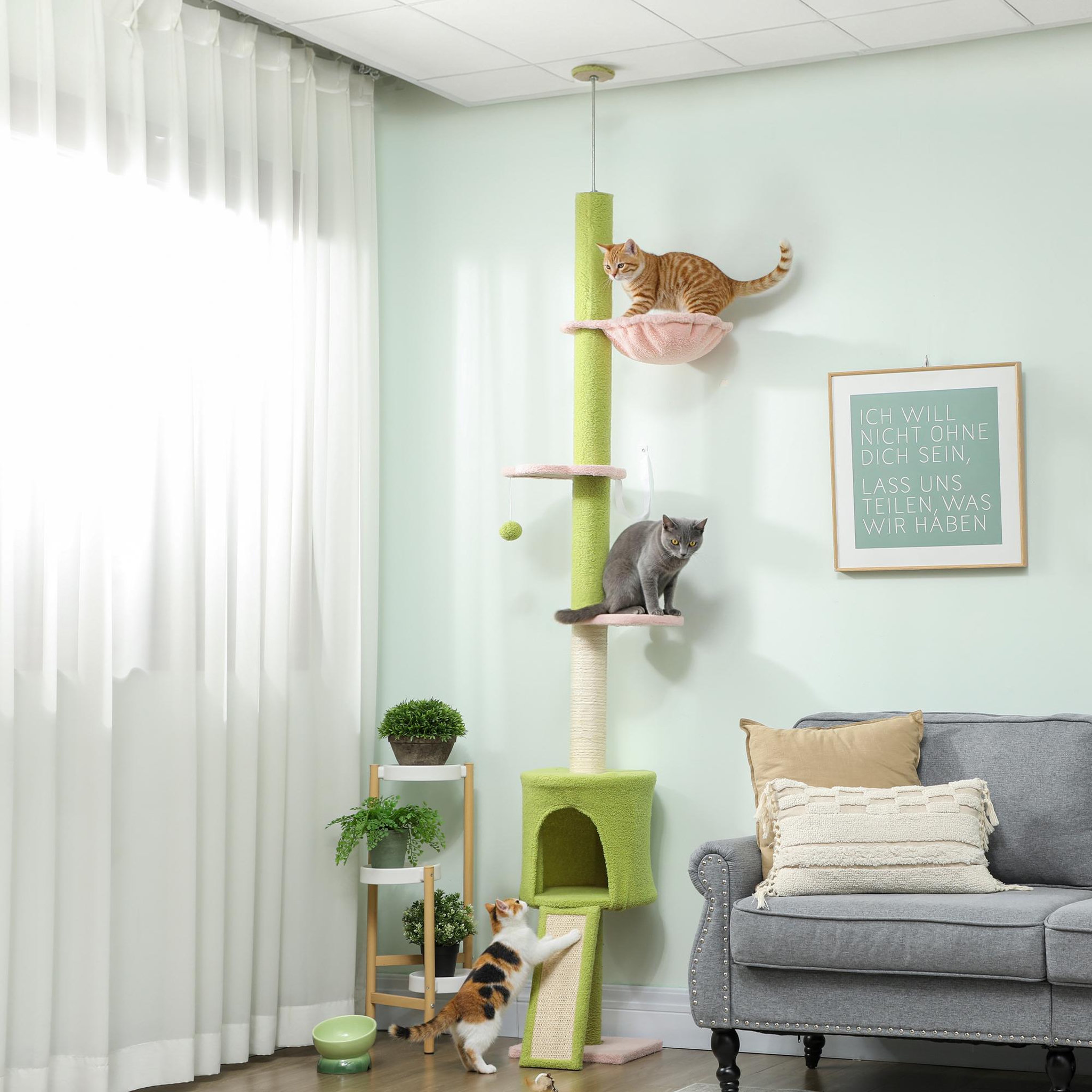 Voir la diapositive 4 : PAWHUT Arbre à chat du sol au plafond réglable h.220-240cm - 5 niveaux - griffoirs, grattoir - bouclette vert