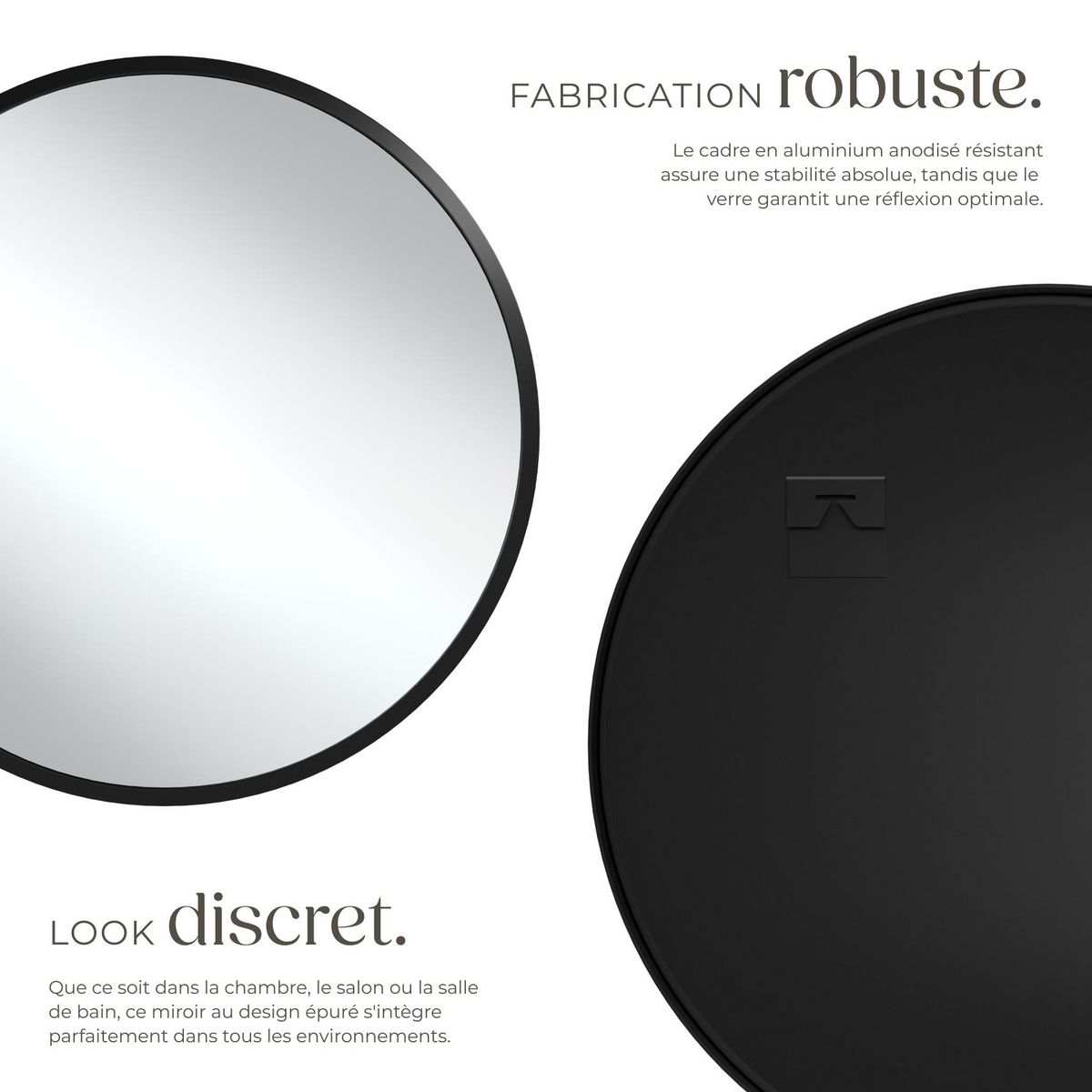 tectake Miroir mural rond Ø 70 cm noir