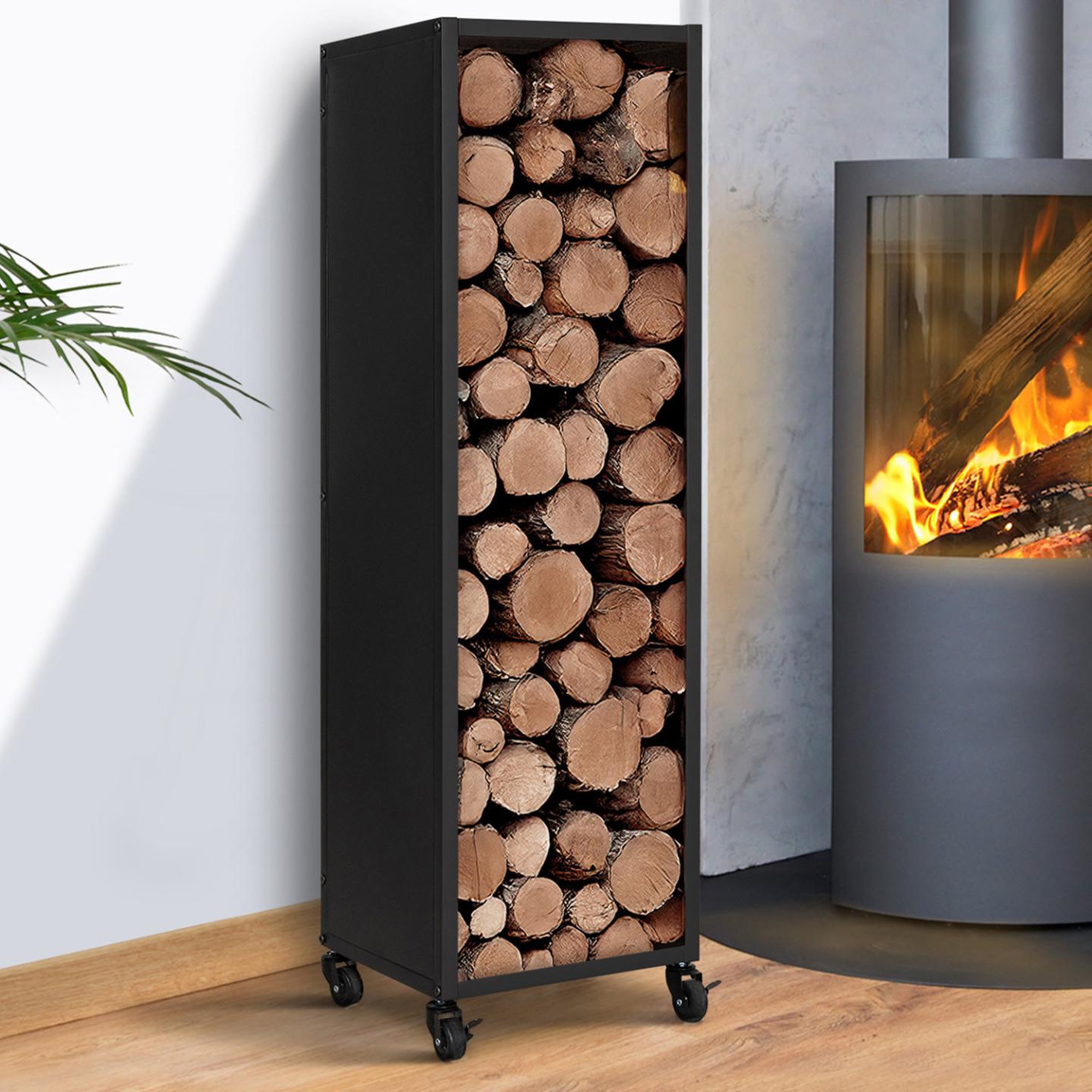 Voir la diapositive 2 : ID MARKET Range bûches vertical plein acier noir h. 119 cm pour cheminée avec roulettes