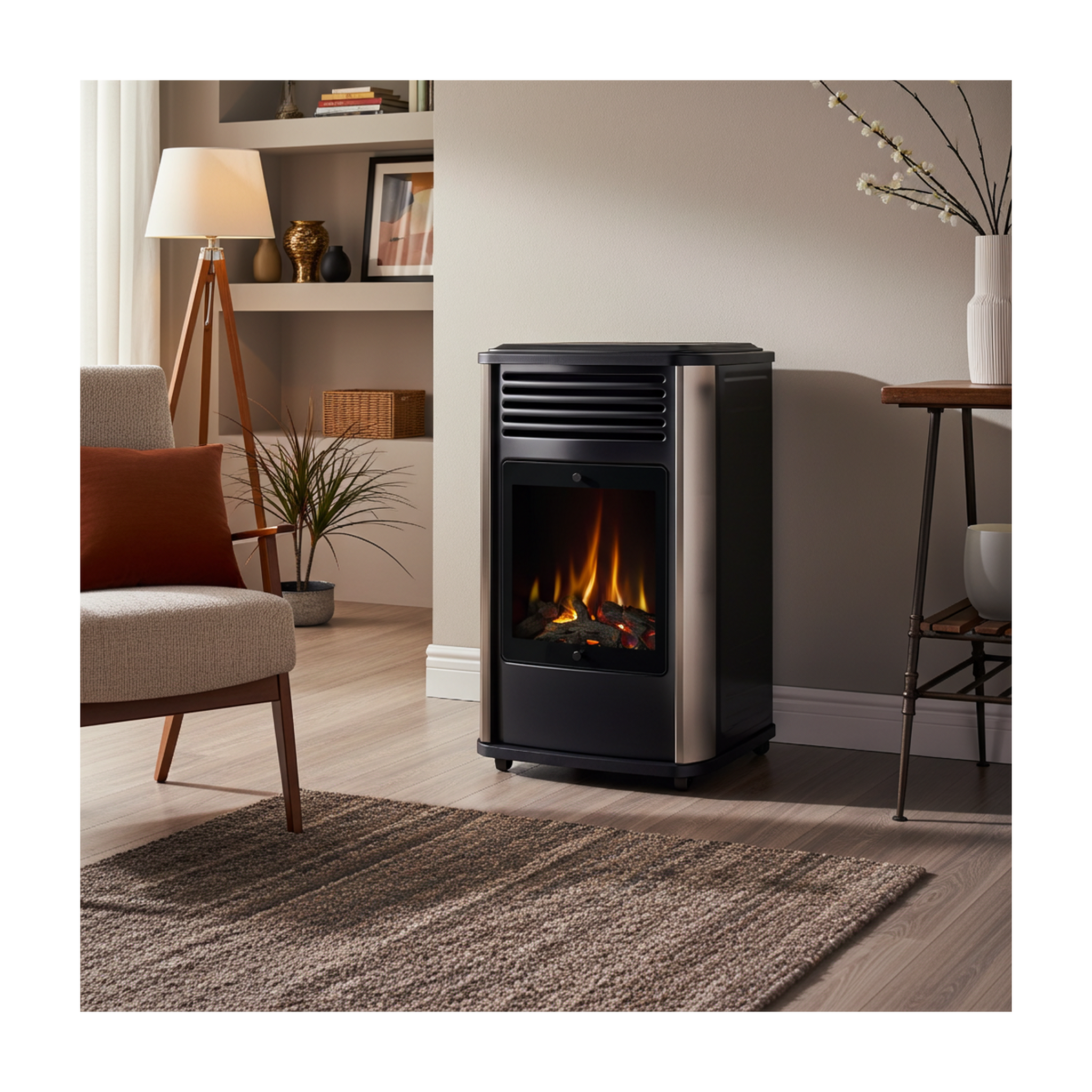 Voir la diapositive 2 : SAHARA Poele à gaz 3.4KW Noir Effet feu de bois 3 niveaux de chauffe 40-80m2 Manhattan