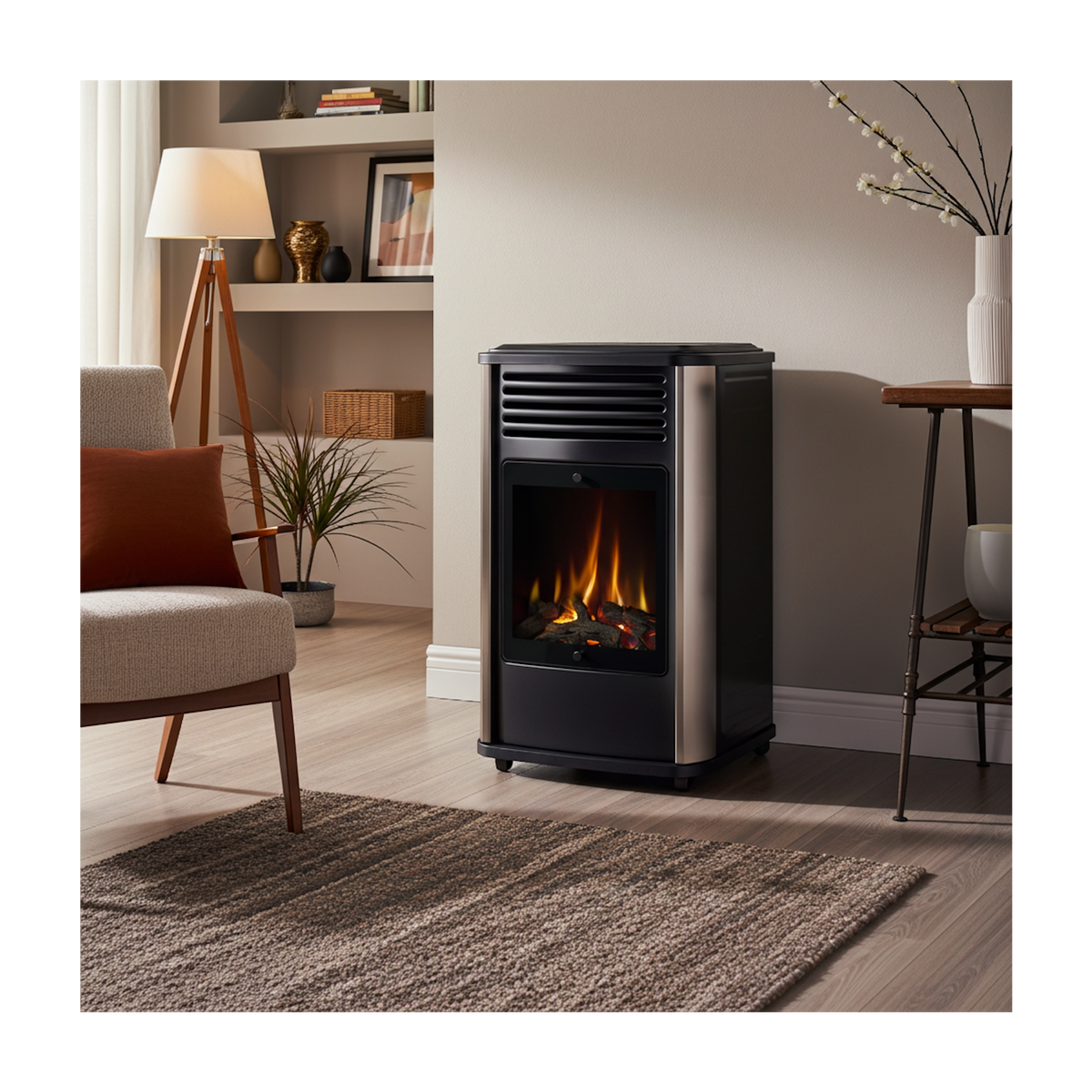 SAHARA Poele à gaz 3.4KW Noir Effet feu de bois 3 niveaux de chauffe 40-80m2 Manhattan