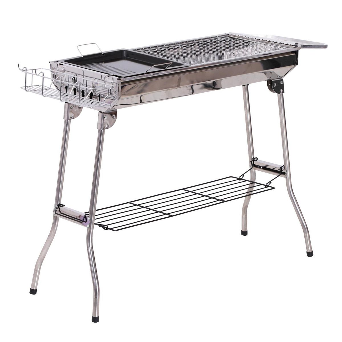 OUTSUNNY Outsunny Barbecue à charbon pliable portable BBQ grill sur pied avec étagères + grille + plaque cuisson dim. 104L x 33l x 70H cm acier inox.