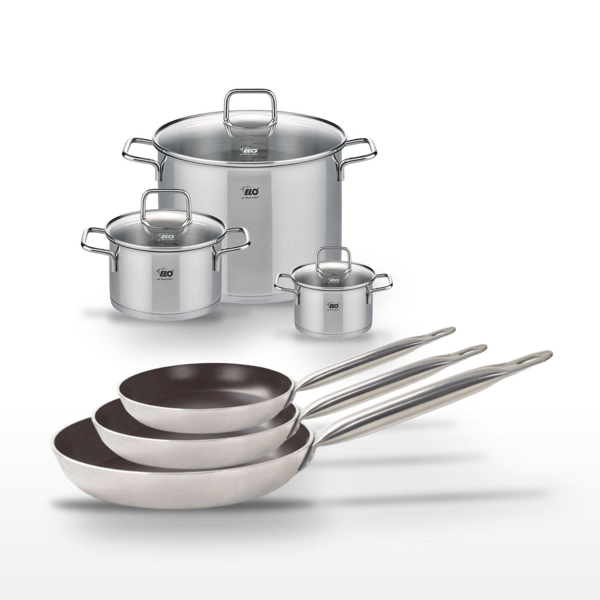 ELO Lot 3 poêles 24/28/32 cm elo bistro line & 3 faitouts 14/20/26 cm elo citrin